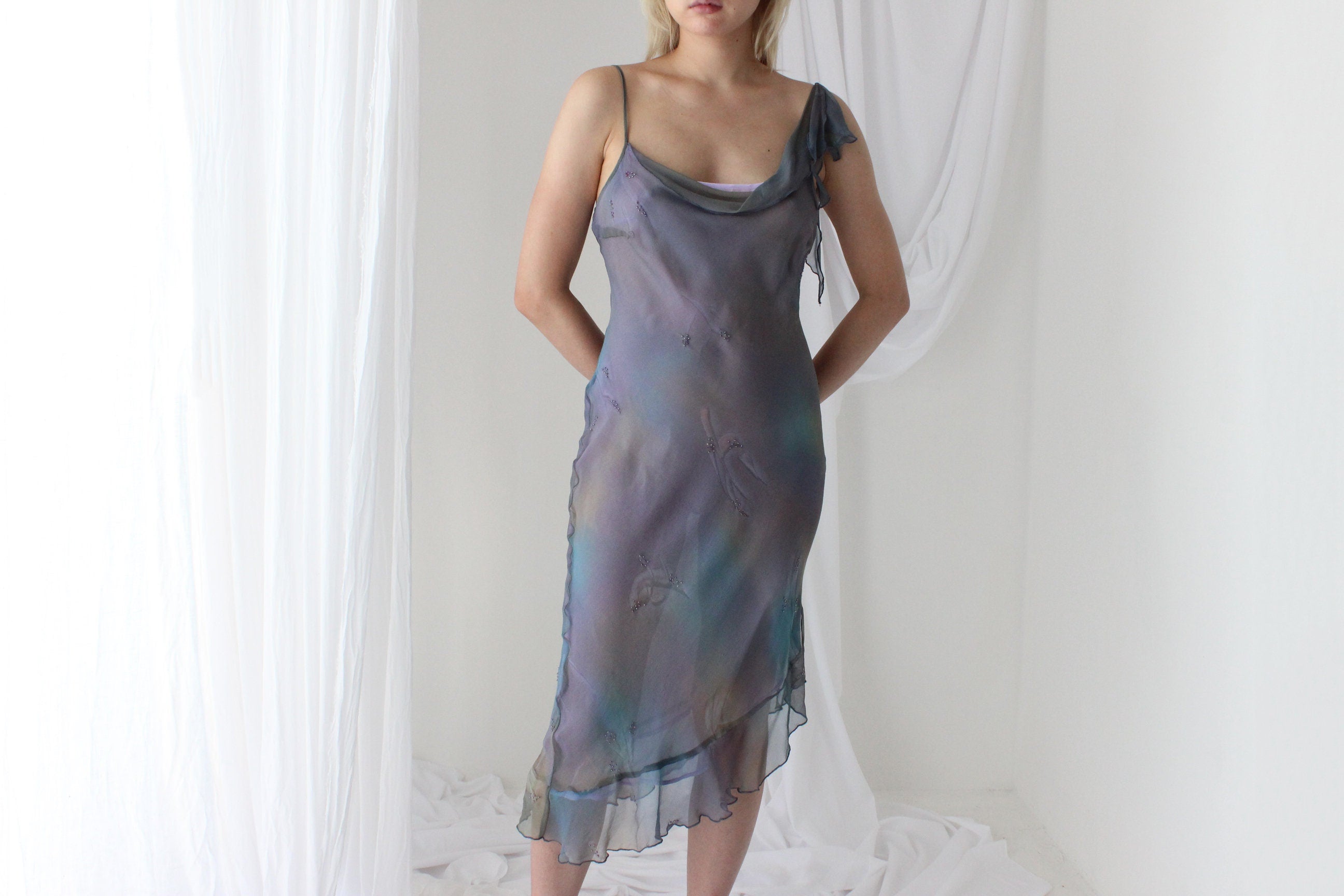 Y2K PURE SILK Faery Dress w/ Mottled Dye w/ Hand Beading