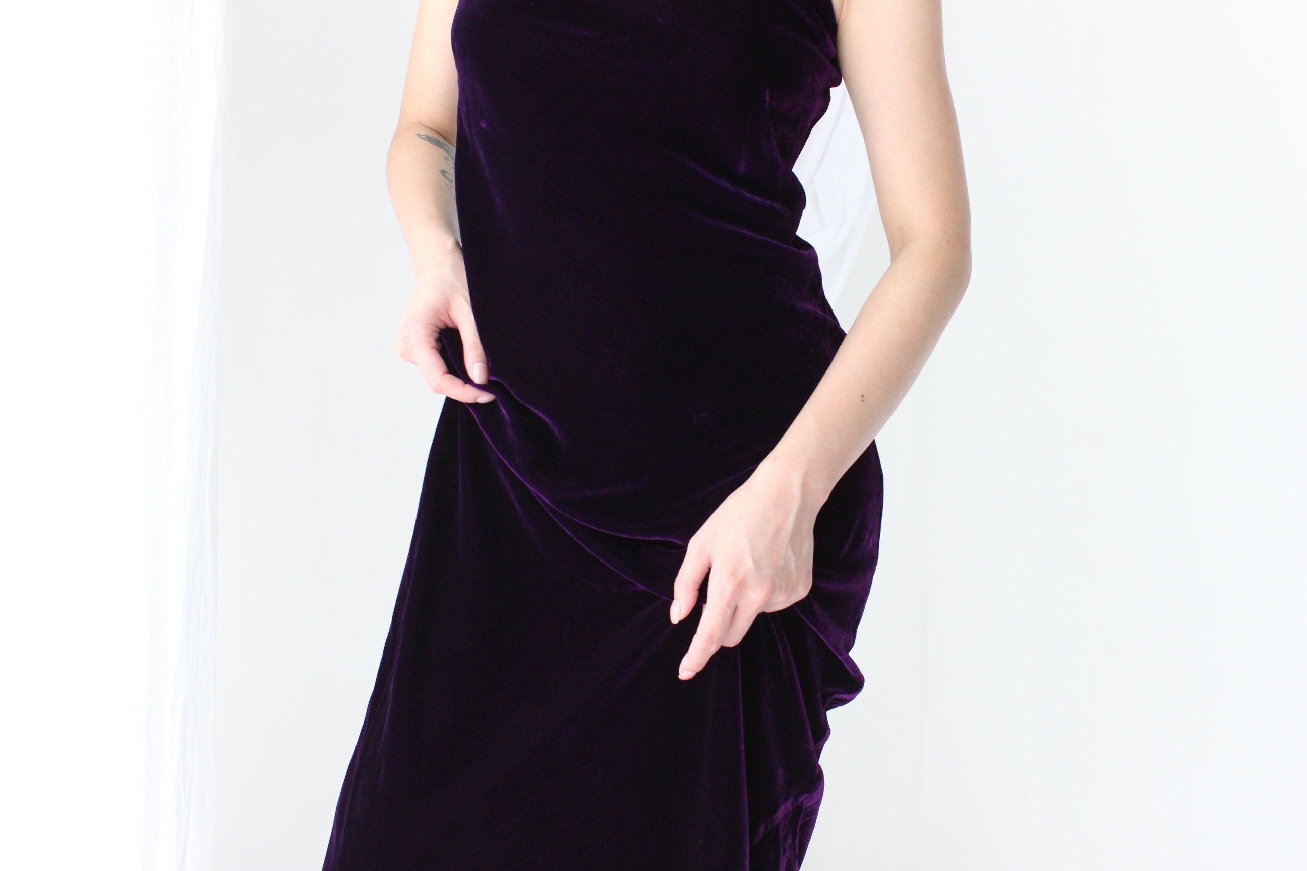 90s PURE SILK VELVET Deep Purple Scoop Neck Party Gown