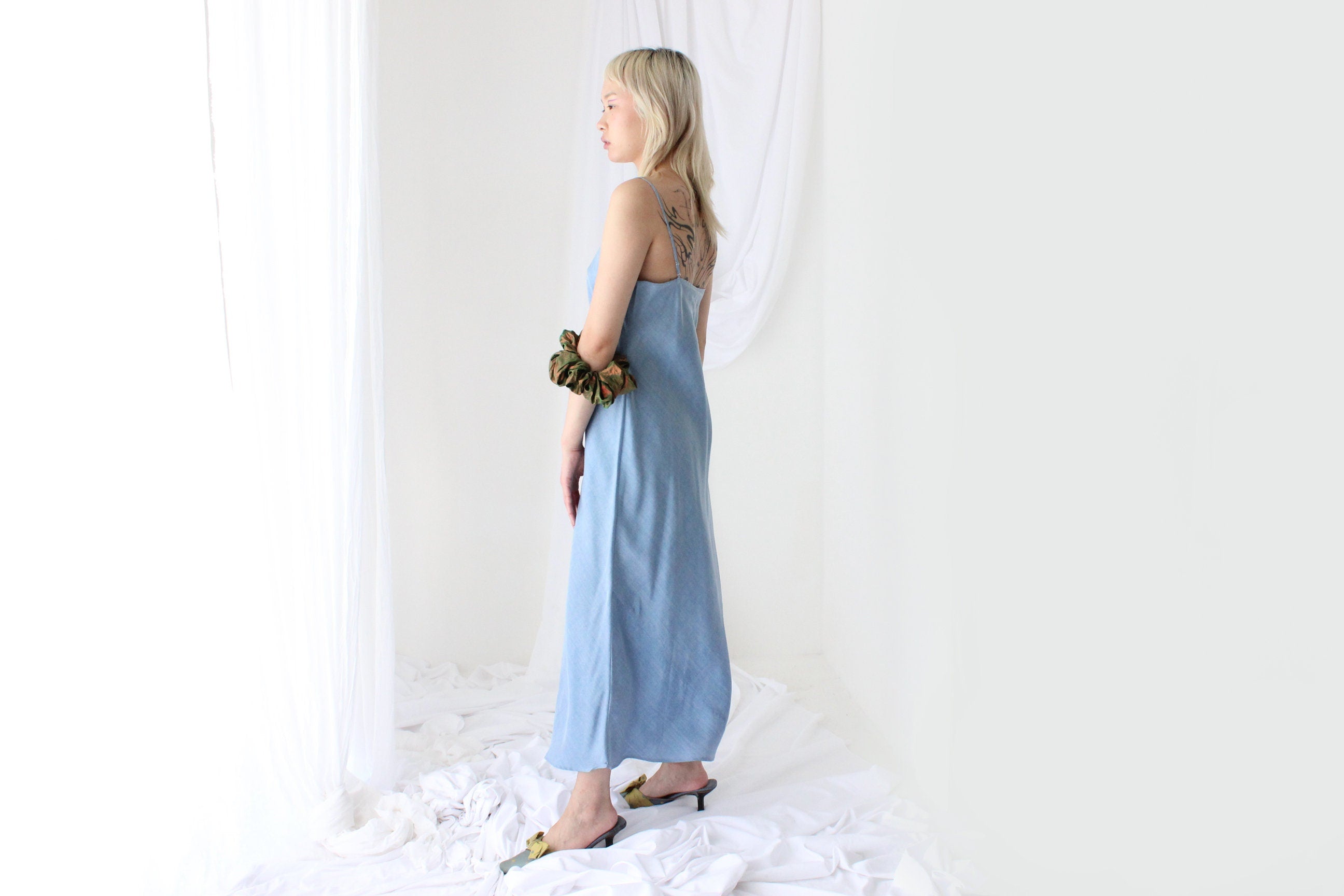 90s Pure Silk Bias Cut Slip Dress in "Lightwash Denim"