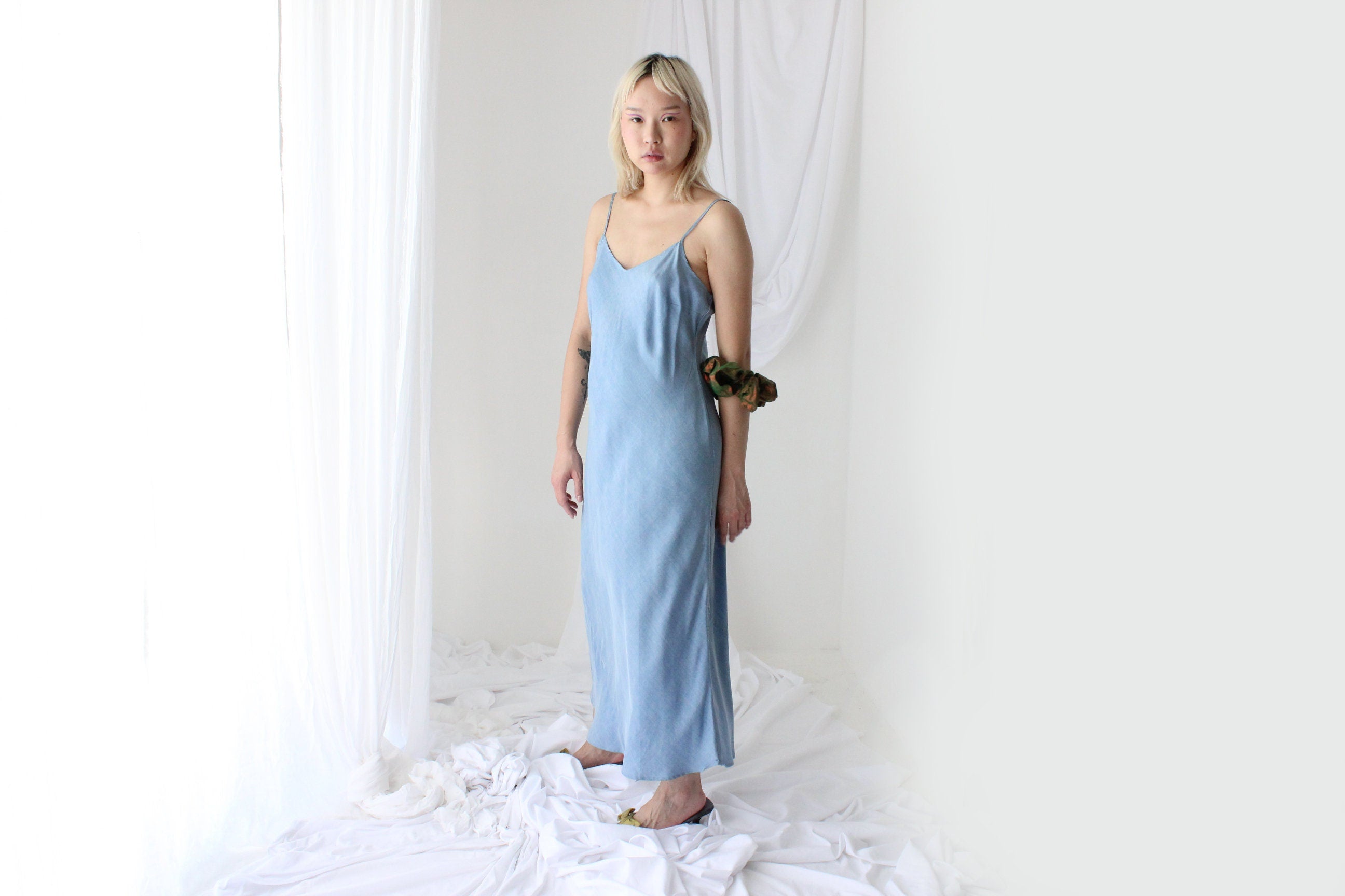 90s Pure Silk Bias Cut Slip Dress in "Lightwash Denim"