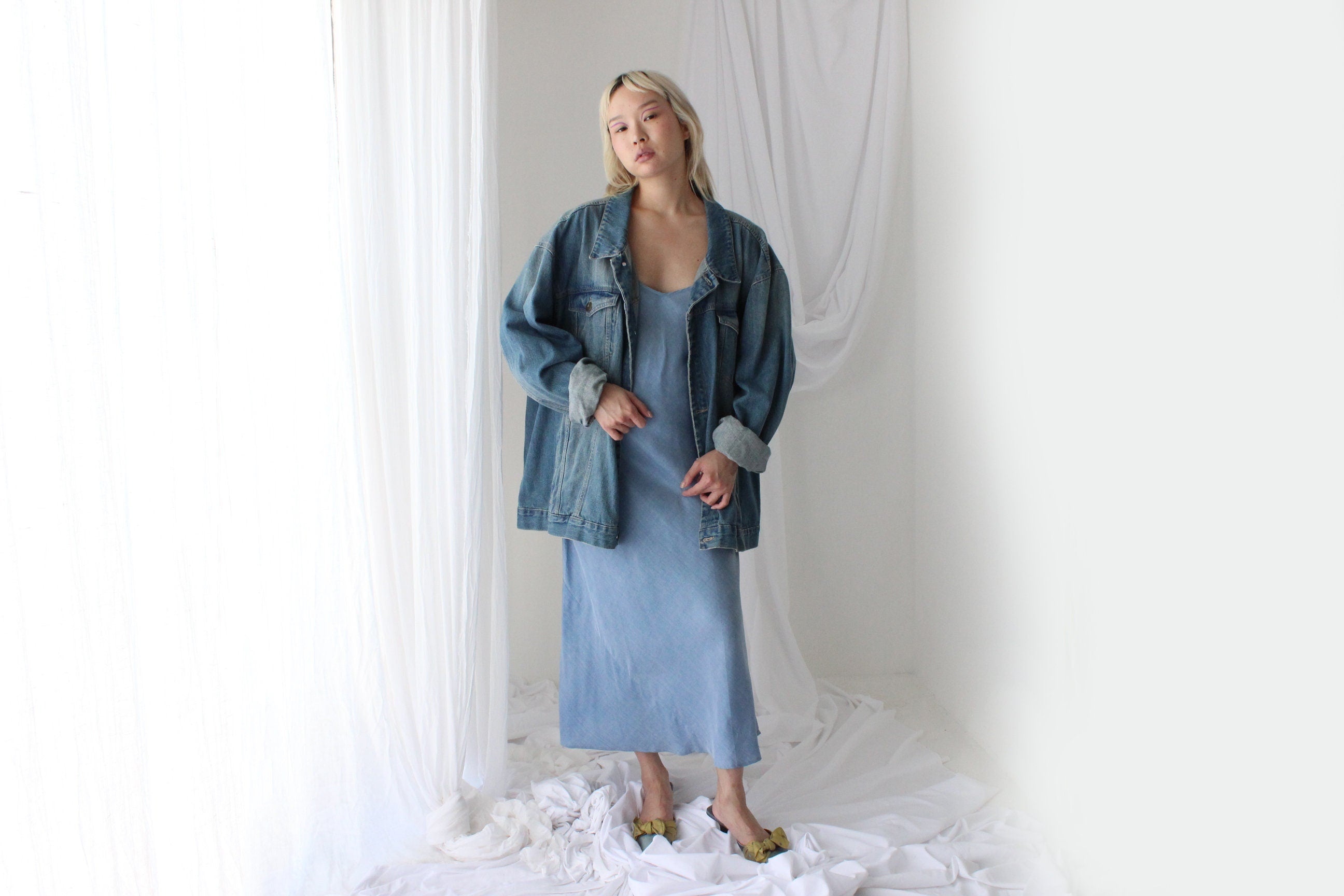 90s Pure Silk Bias Cut Slip Dress in "Lightwash Denim"