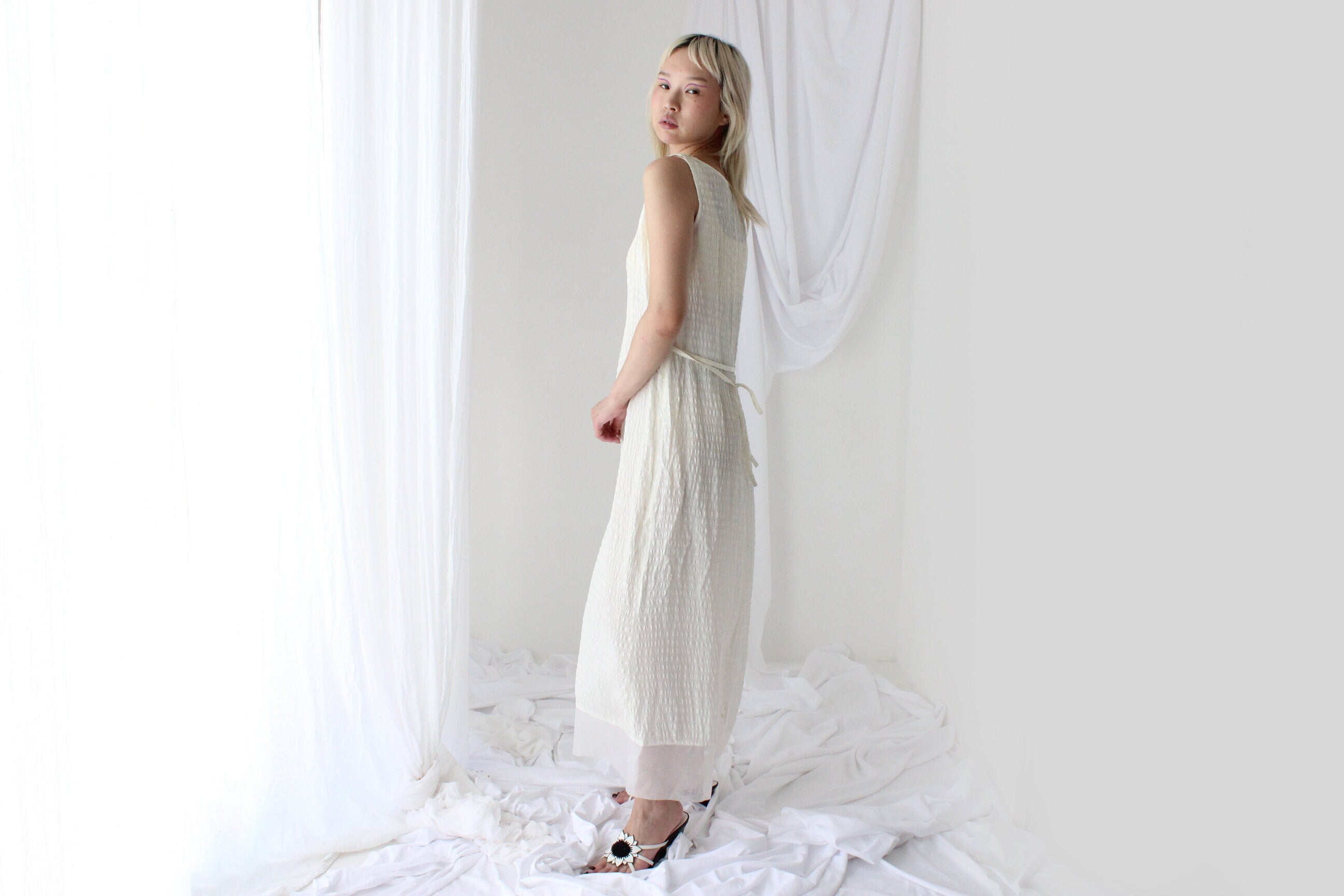 90s Textured Silk Relaxed Cream "Bubble" Dress