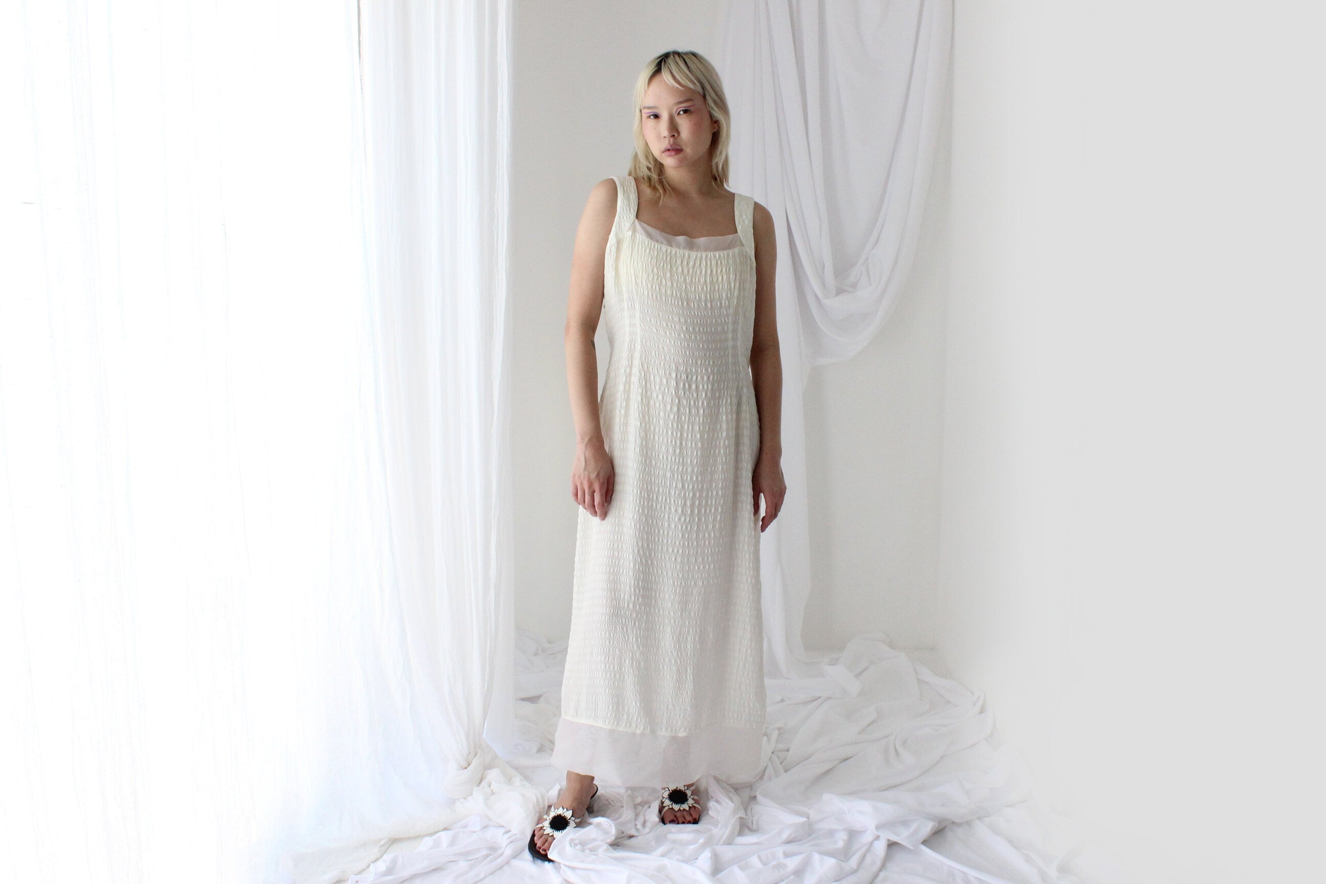 90s Textured Silk Relaxed Cream "Bubble" Dress