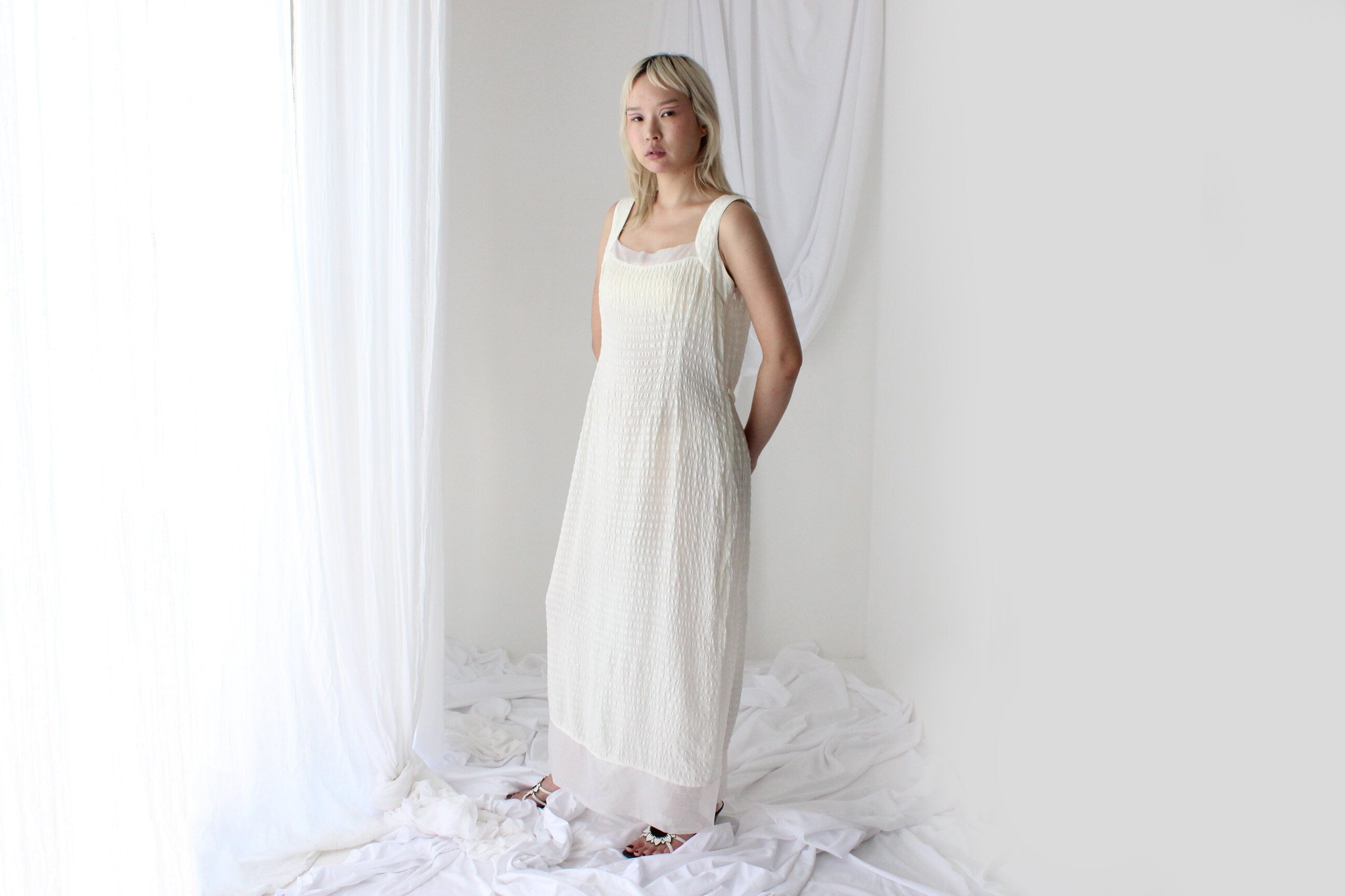 90s Textured Silk Relaxed Cream "Bubble" Dress