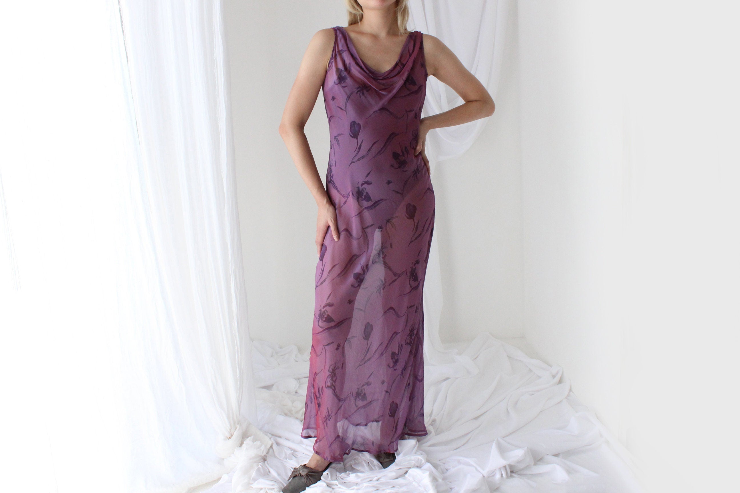 Y2K PURE SILK Holographic Shimmer Sheer Cowl Neck Gown