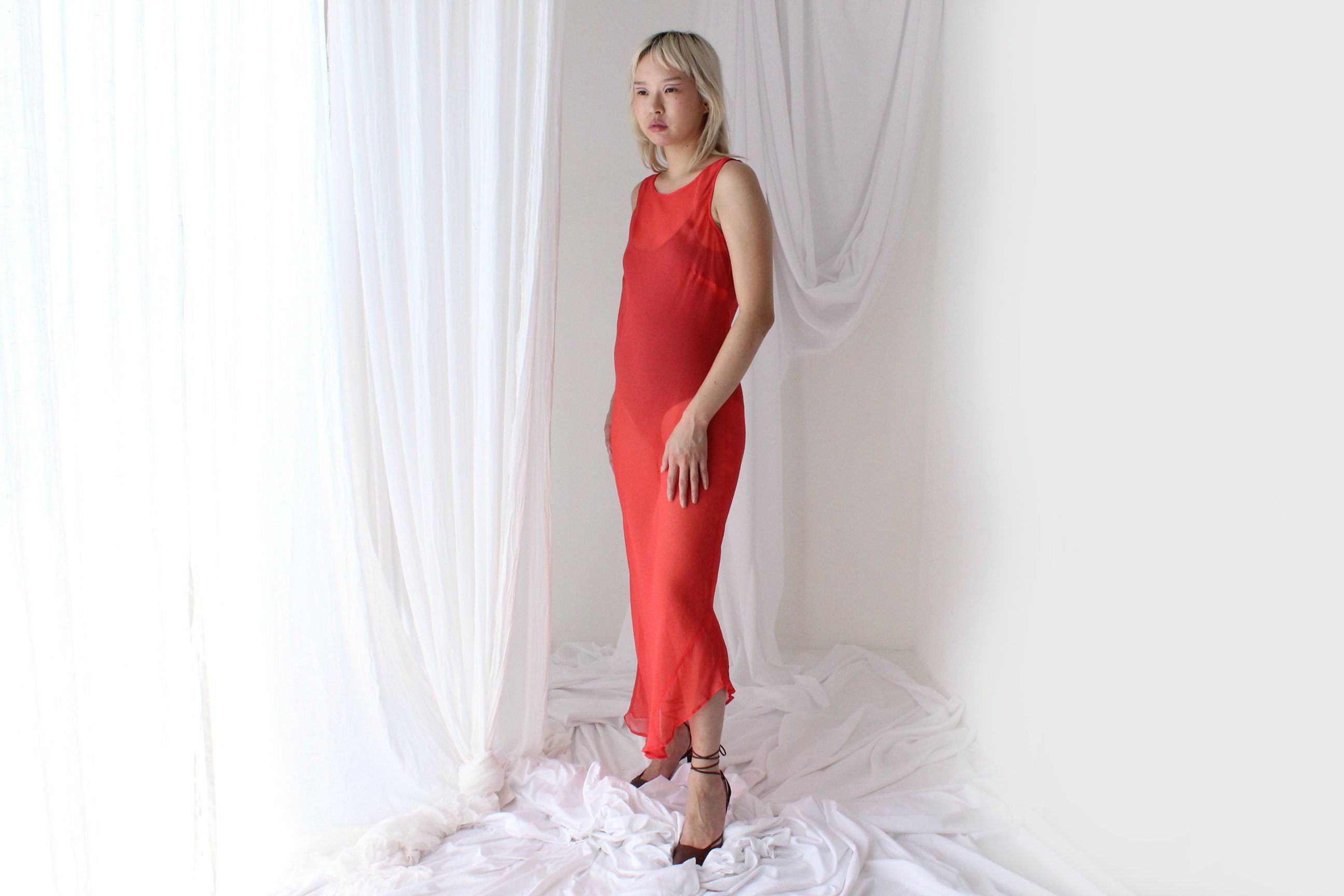 90s PURE SILK Georgette Sheer Coral Minimal Simple Bias Cut/High Neck Sleeveless Dress