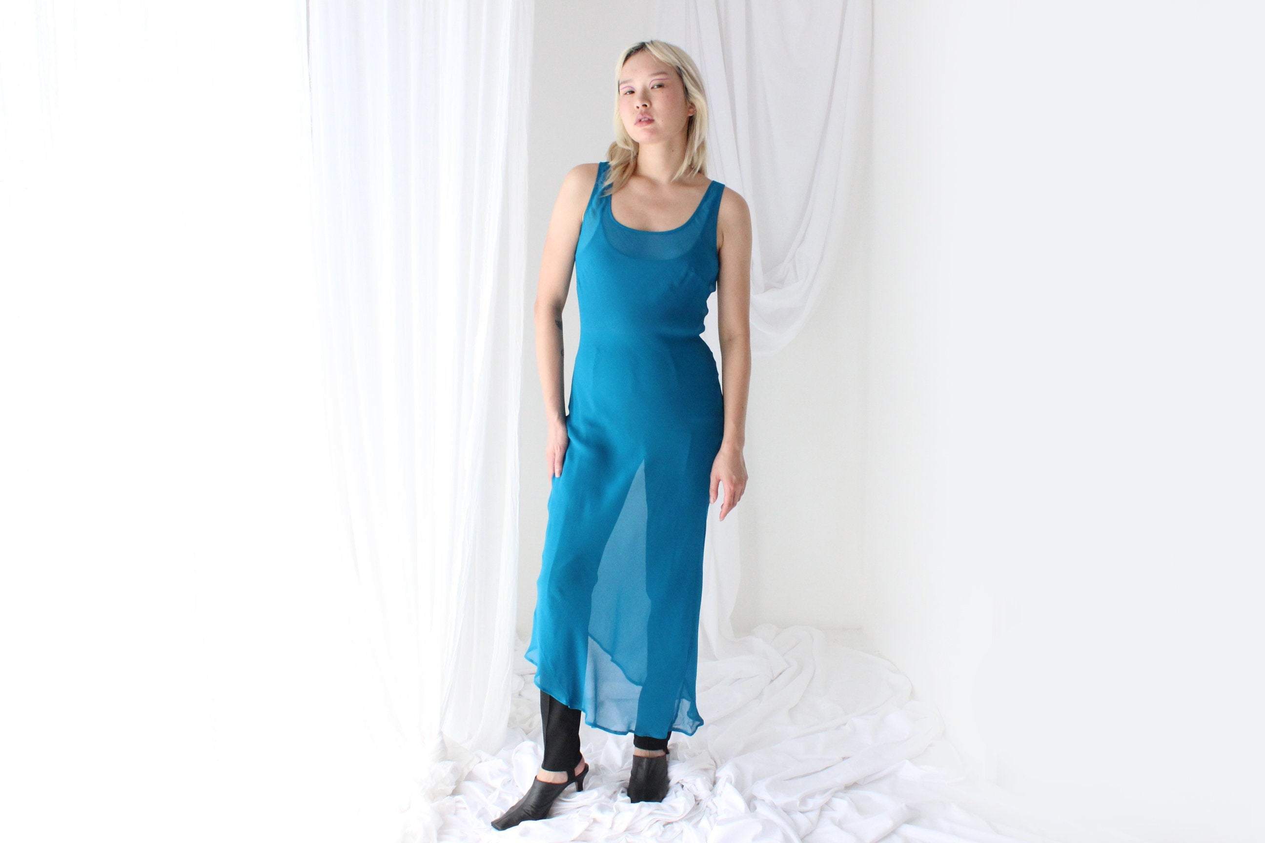 90s PURE SILK Georgette Sheer Teal Bias Cut Dress