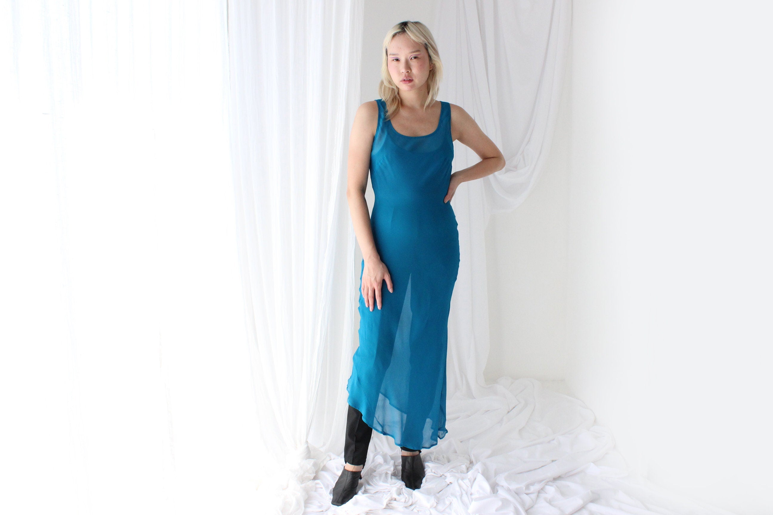 90s PURE SILK Georgette Sheer Teal Bias Cut Dress