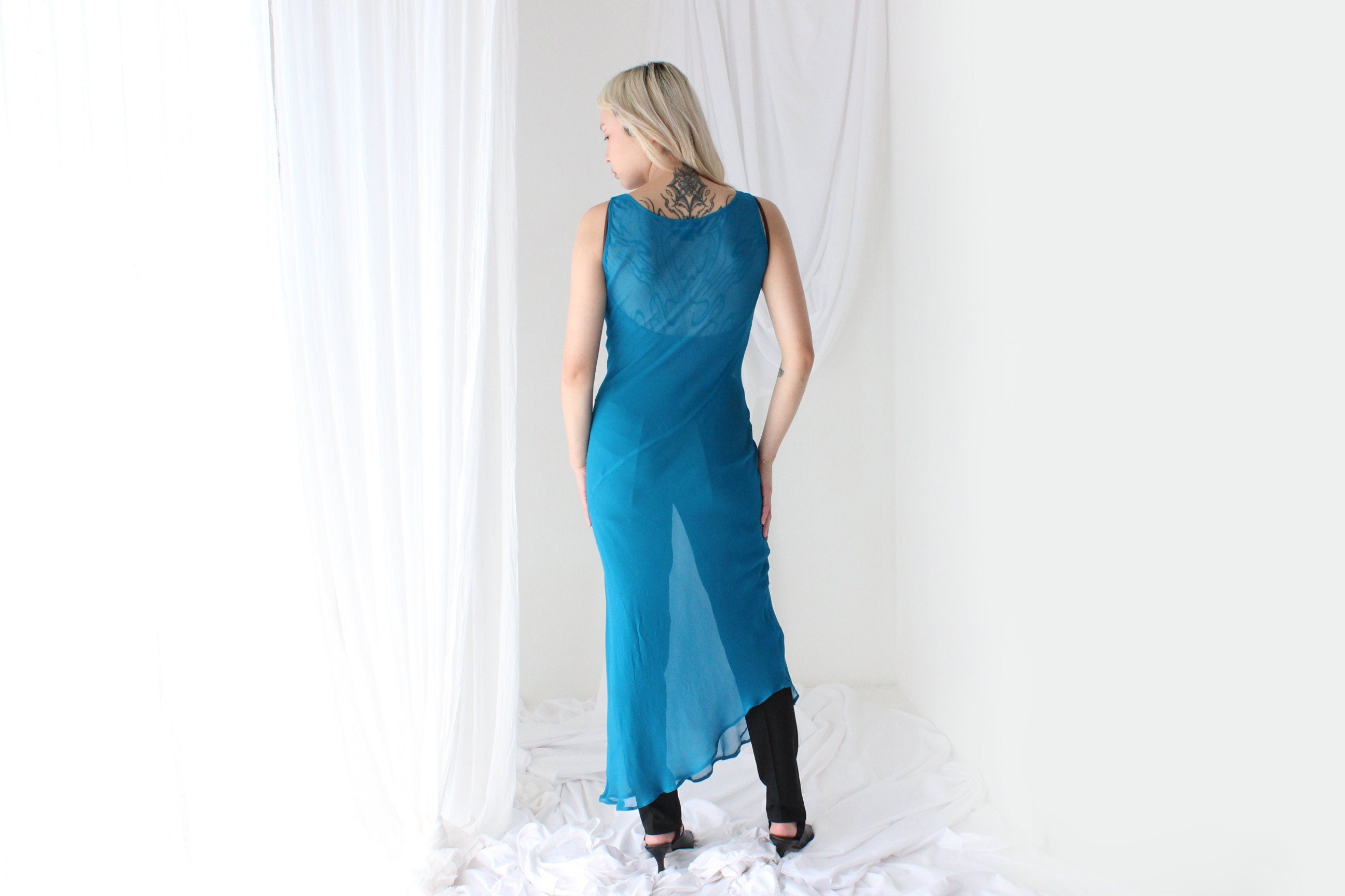 90s PURE SILK Georgette Sheer Teal Bias Cut Dress