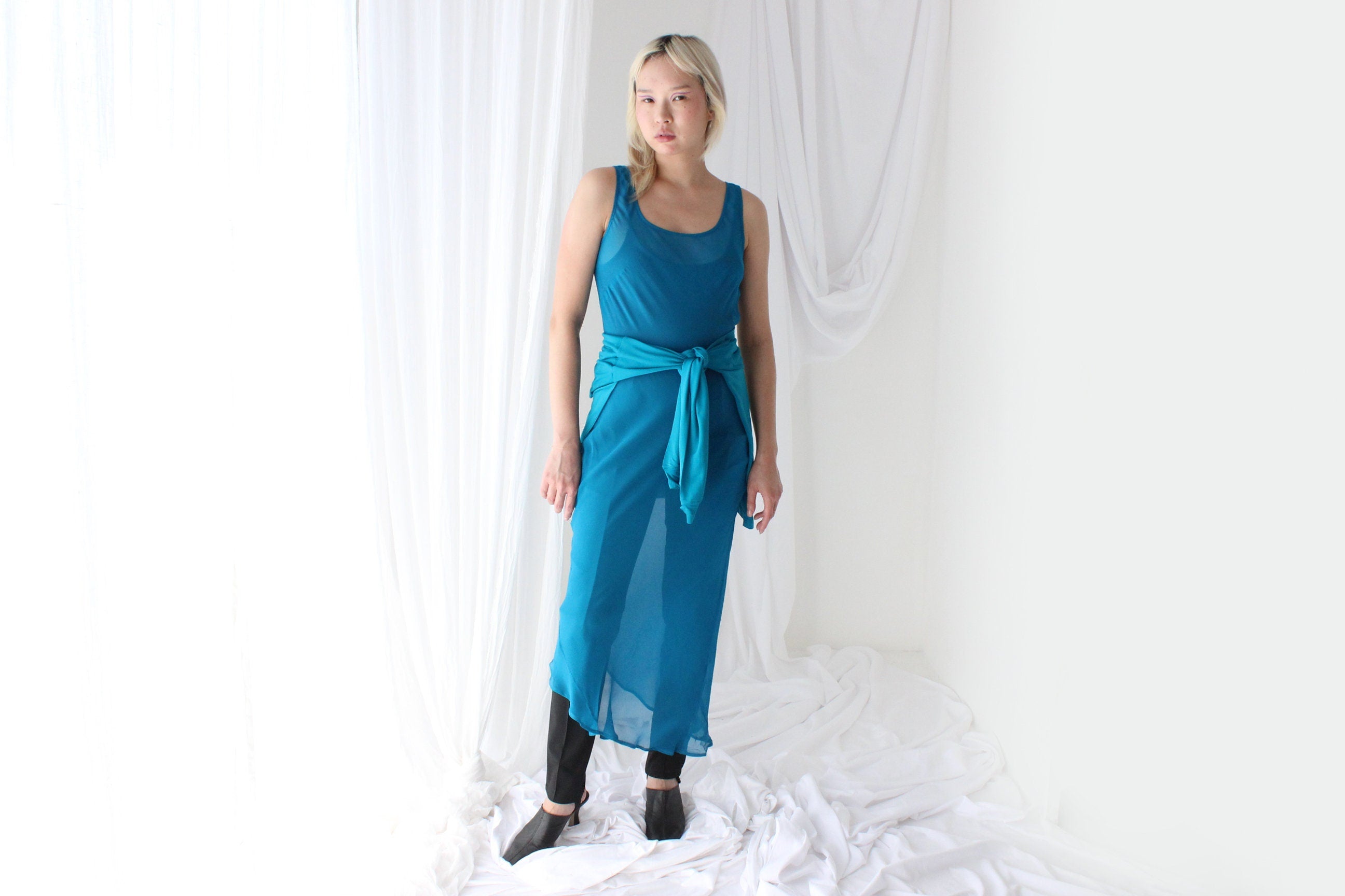 90s PURE SILK Georgette Sheer Teal Bias Cut Dress