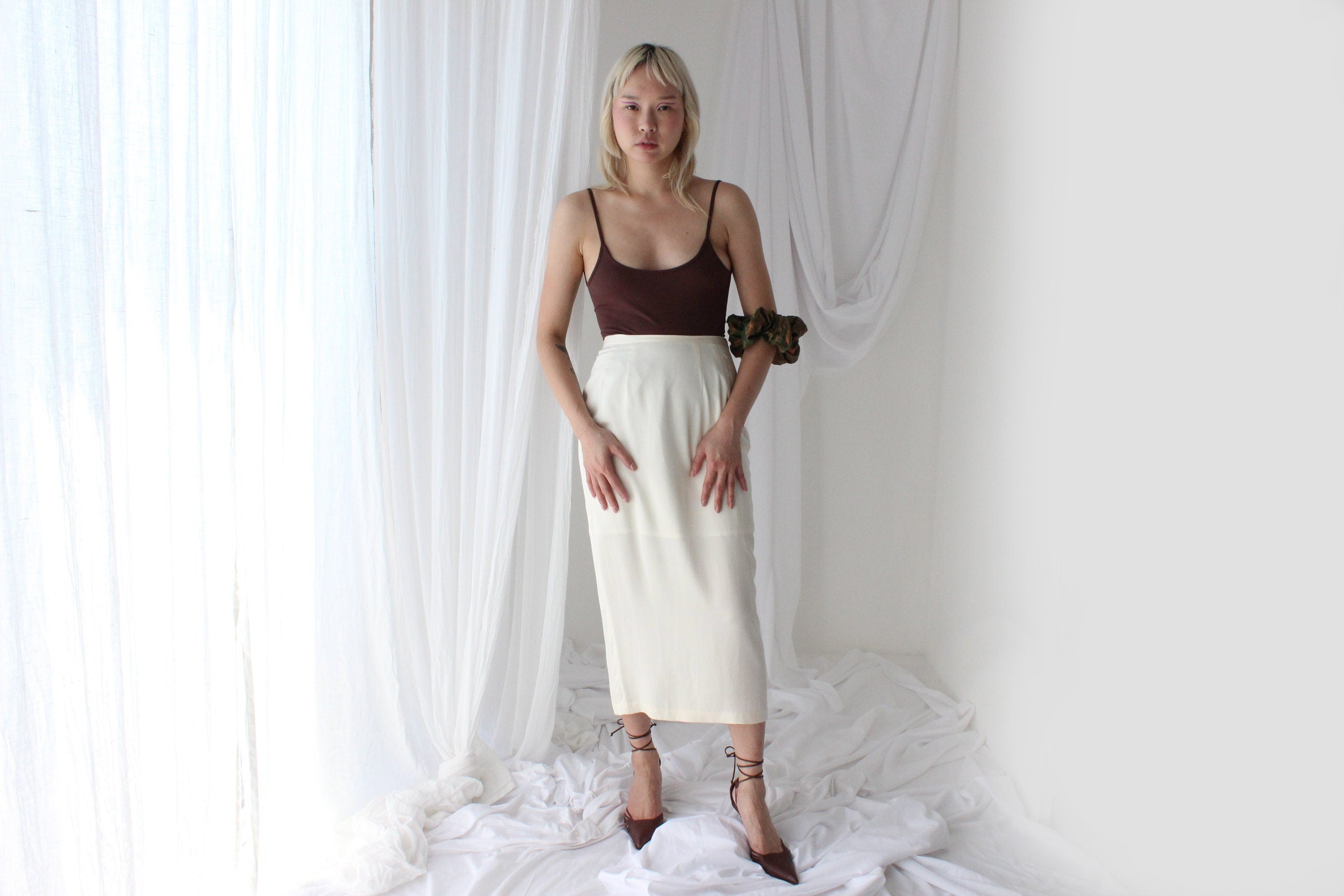 80s Ivory Silk Minimal High Waist Pencil Skirt