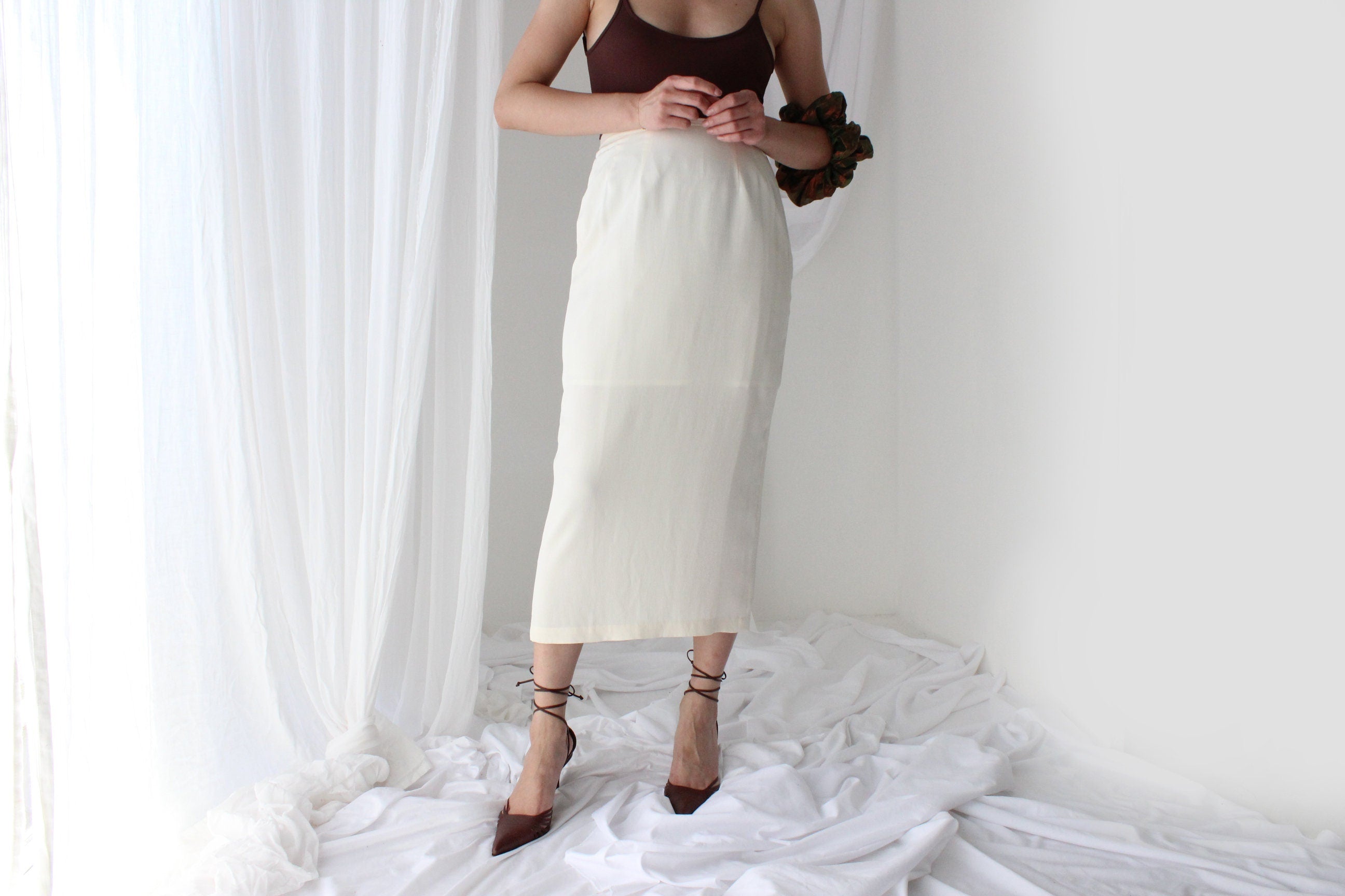 80s Ivory Silk Minimal High Waist Pencil Skirt