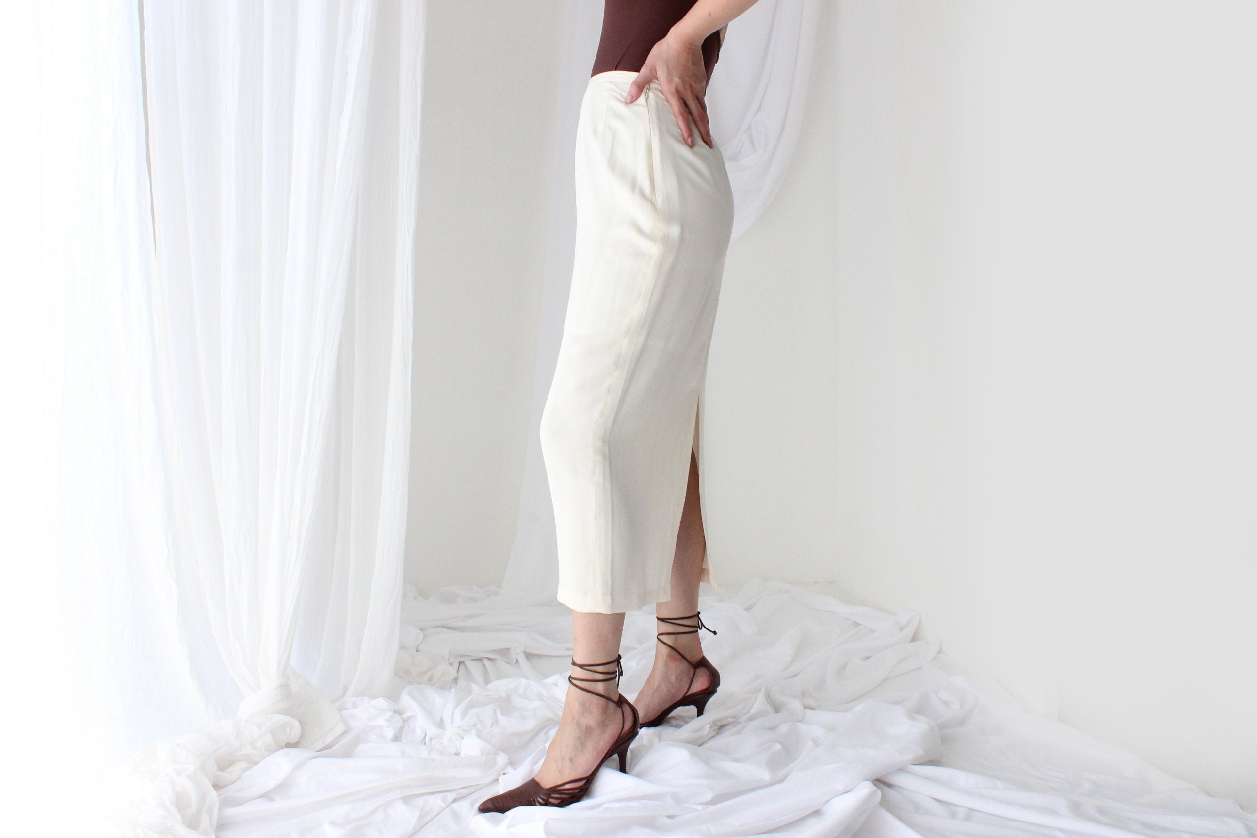 80s Ivory Silk Minimal High Waist Pencil Skirt