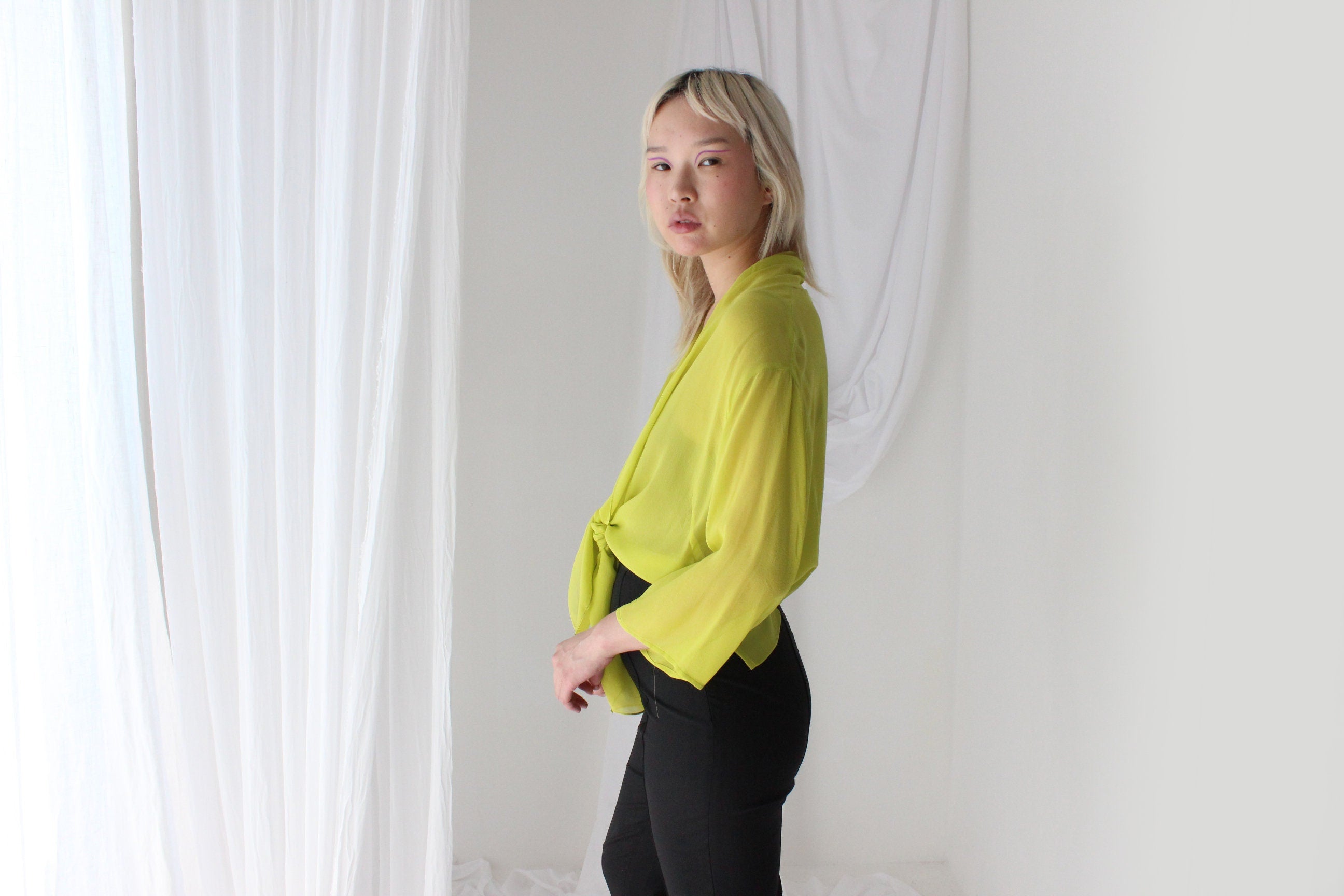 Luxury 90s PURE SILK GEORGETTE Vibrant Chartreuse Kimono