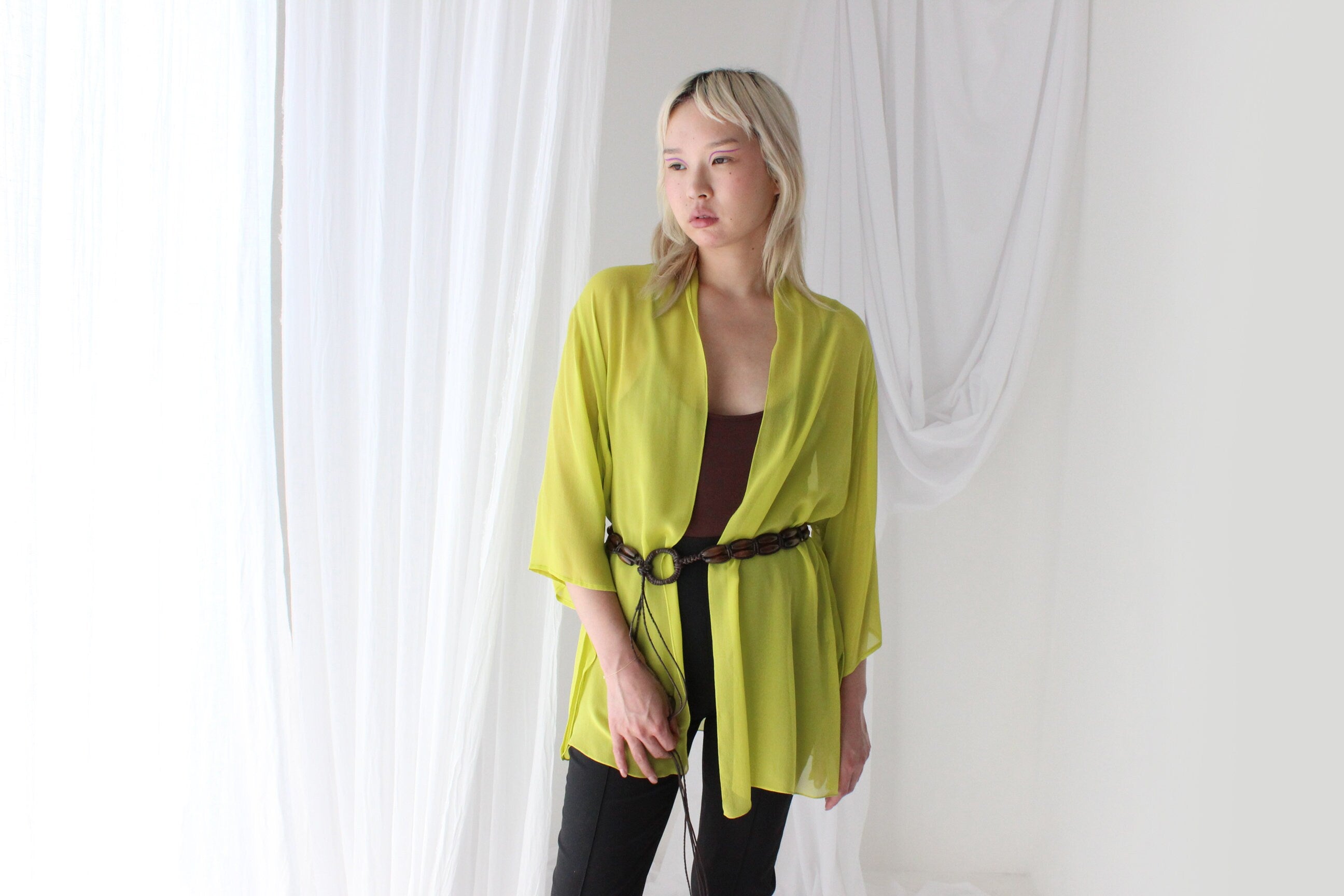 Luxury 90s PURE SILK GEORGETTE Vibrant Chartreuse Kimono