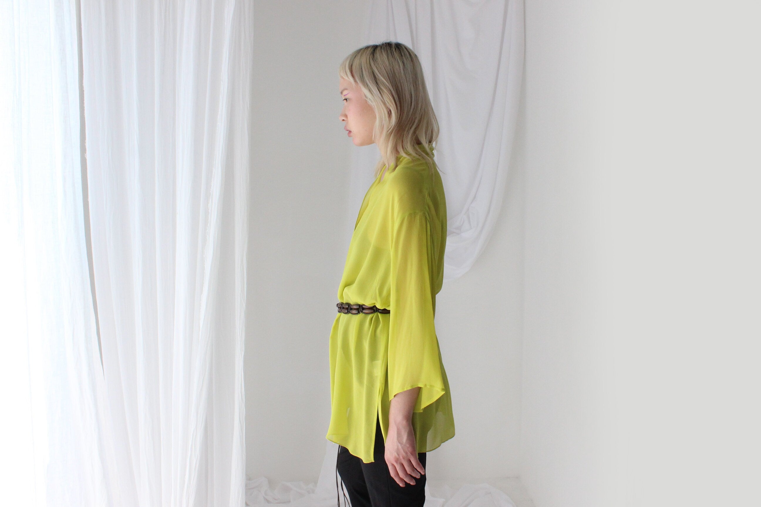 Luxury 90s PURE SILK GEORGETTE Vibrant Chartreuse Kimono