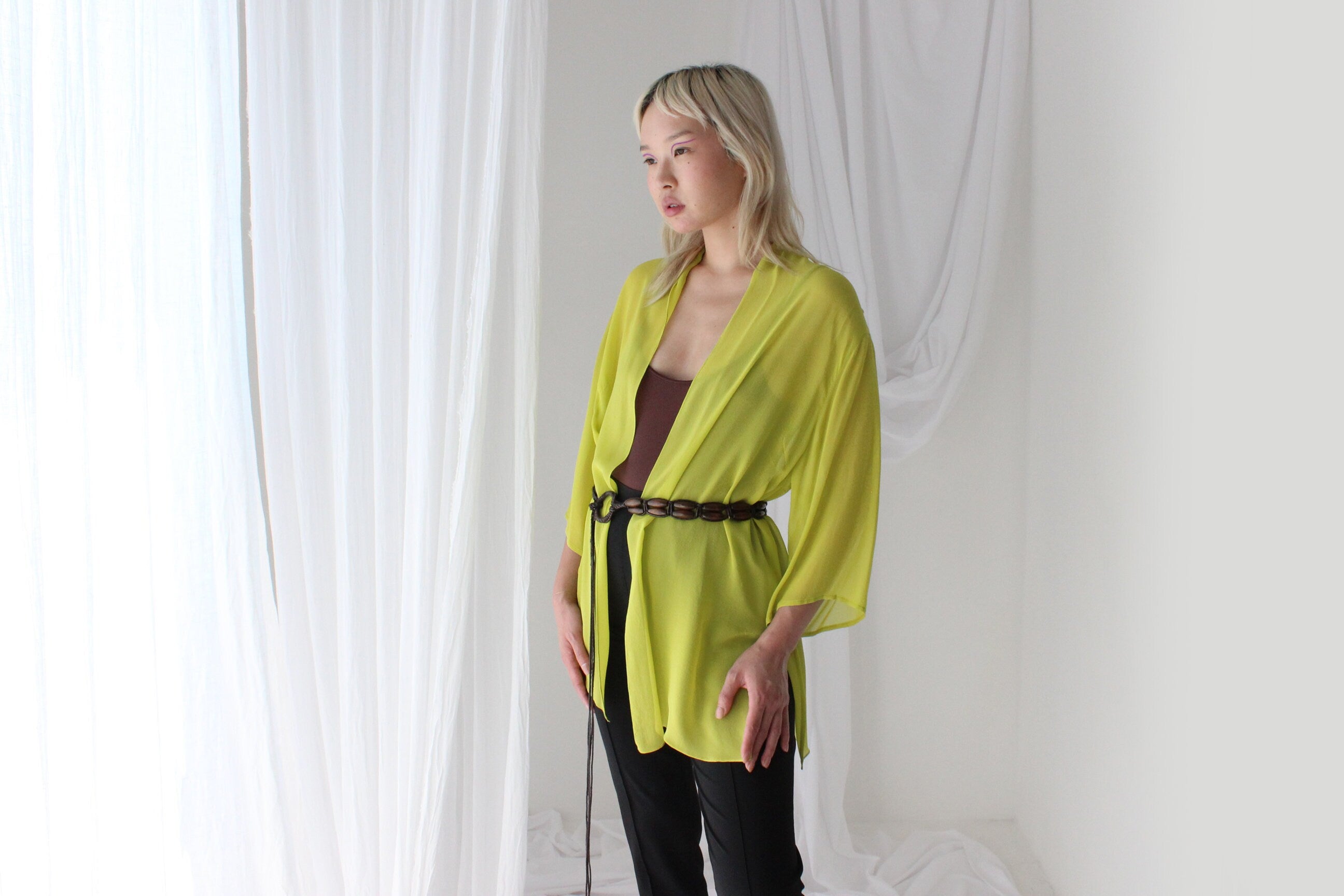 Luxury 90s PURE SILK GEORGETTE Vibrant Chartreuse Kimono