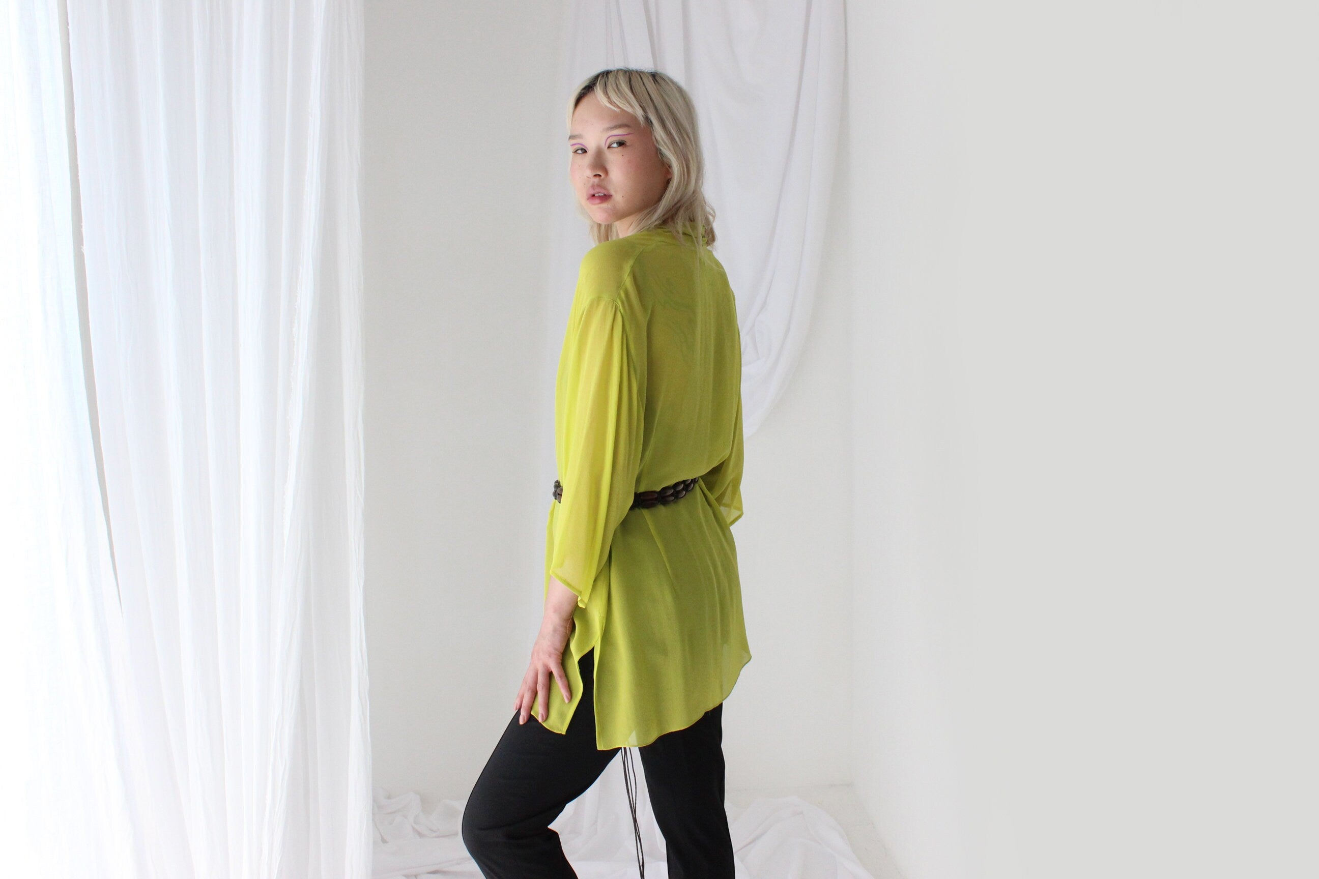 Luxury 90s PURE SILK GEORGETTE Vibrant Chartreuse Kimono