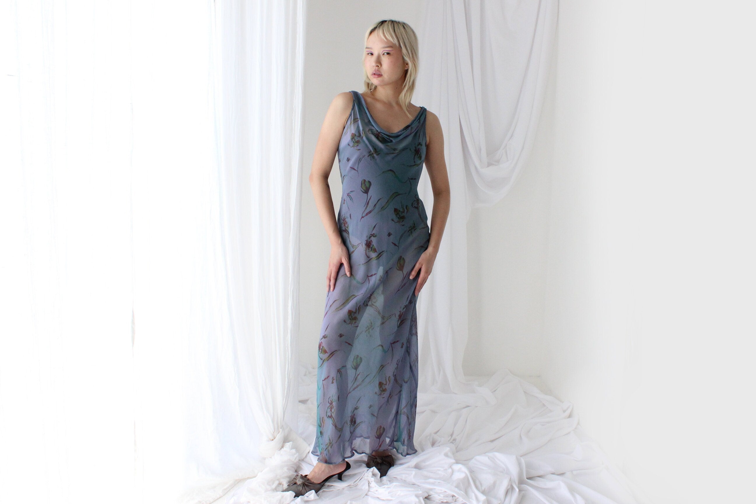 Y2K PURE SILK Teal Shimmer Sheer Cowl Neck Gown