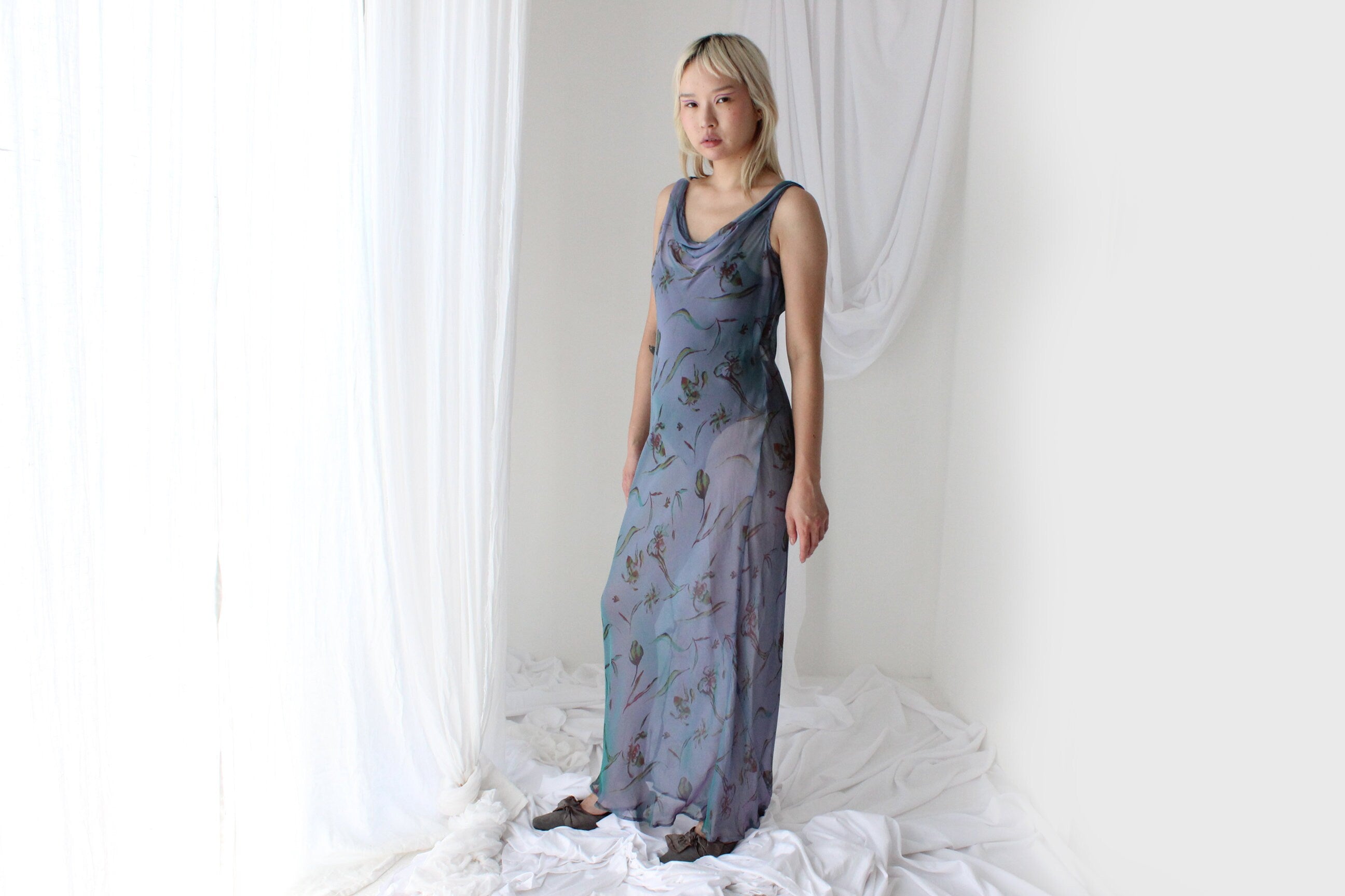 Y2K PURE SILK Teal Shimmer Sheer Cowl Neck Gown