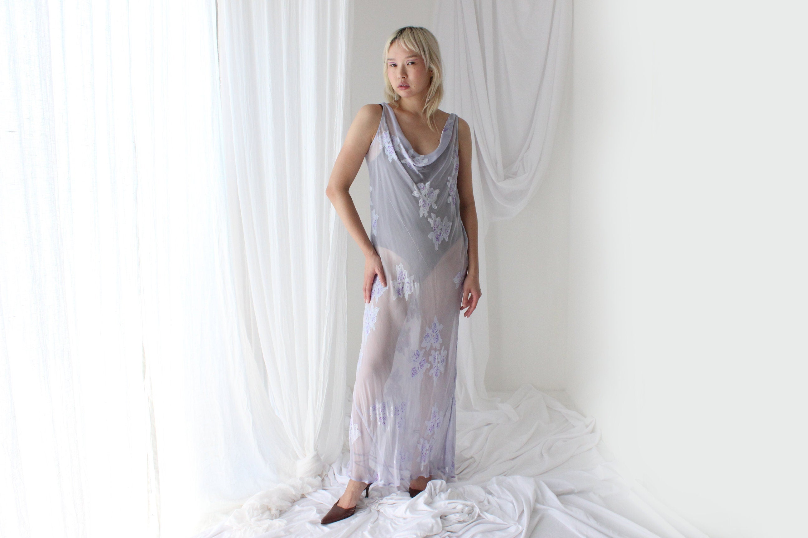 Y2K PURE SILK Sheer Pastel Cowl Neck Bias Cut Gown