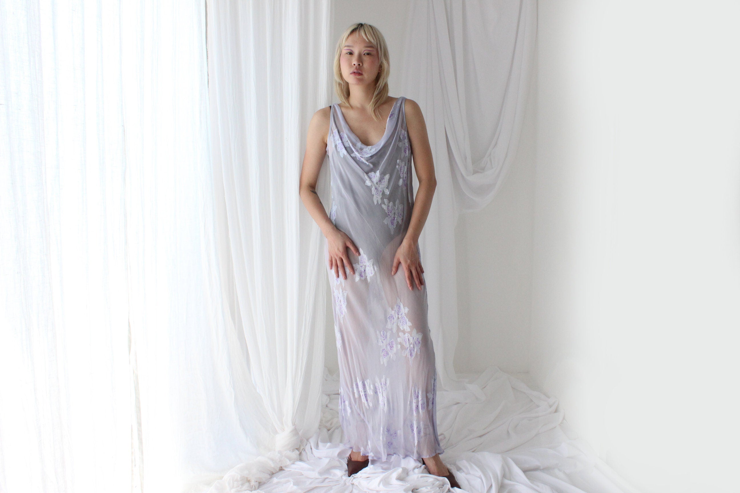 Y2K PURE SILK Sheer Pastel Cowl Neck Bias Cut Gown