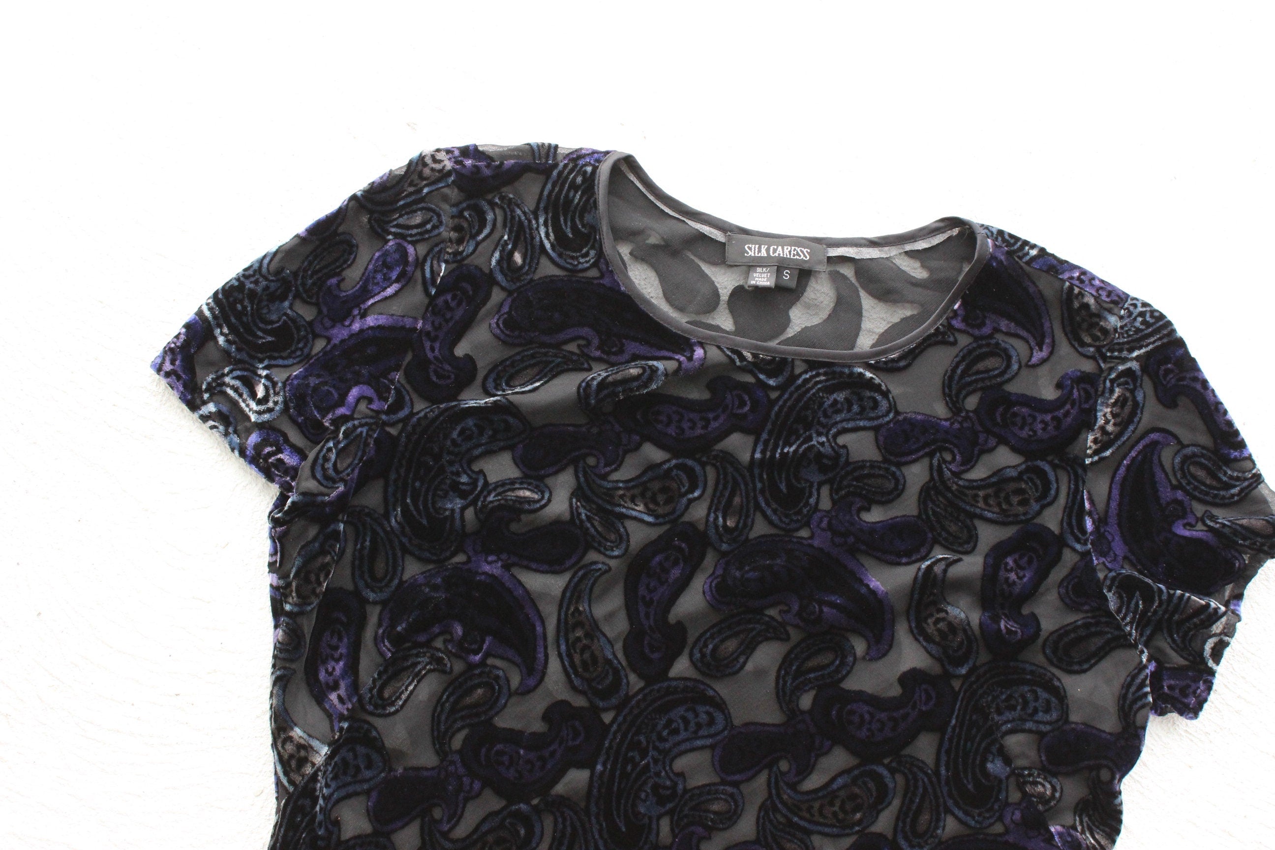 90s Silk Velvet Paisley Burnout Bias Cut Tee