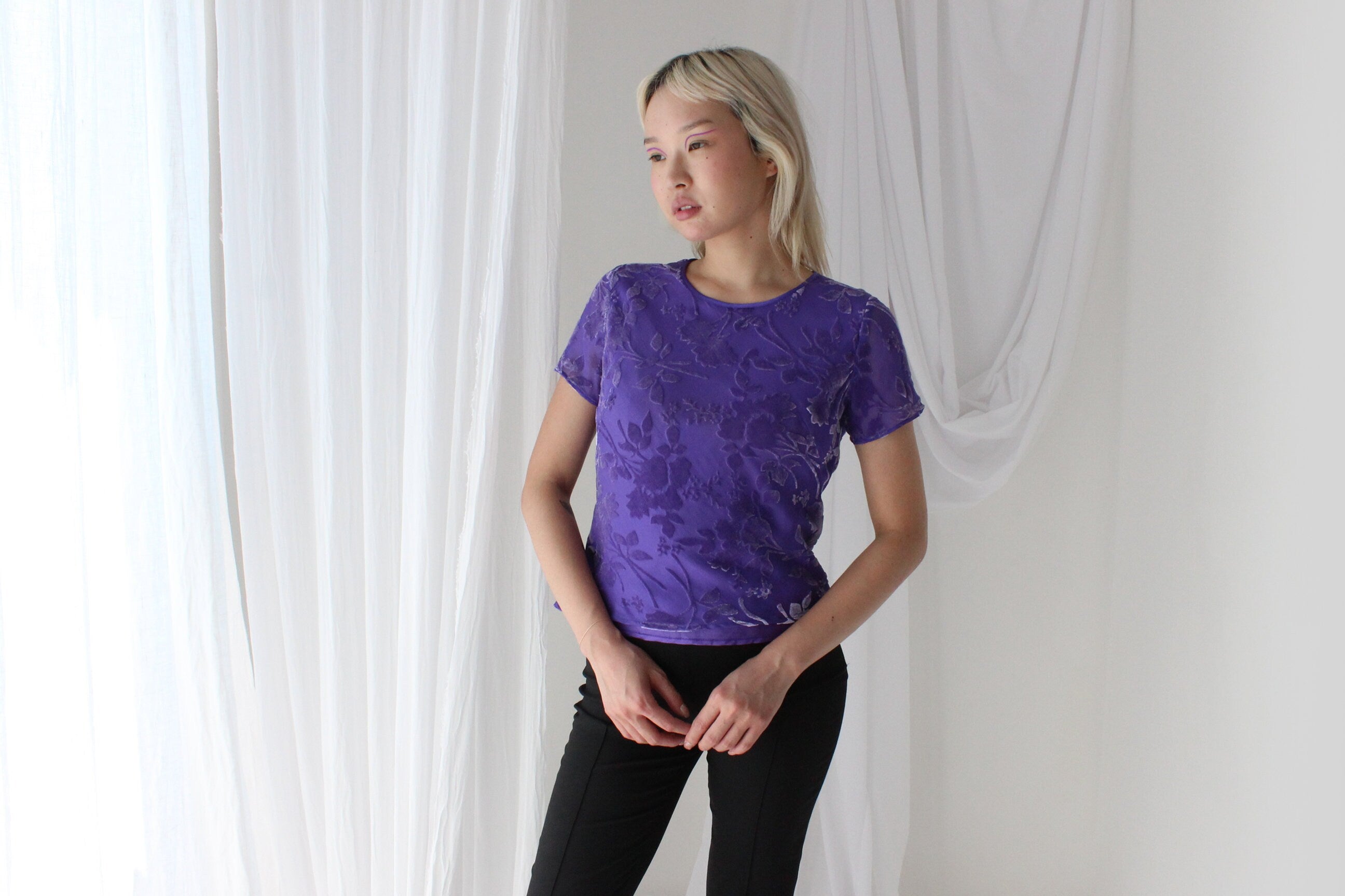 90s SILK VELVET Floral Burnout Bias Cut Tee