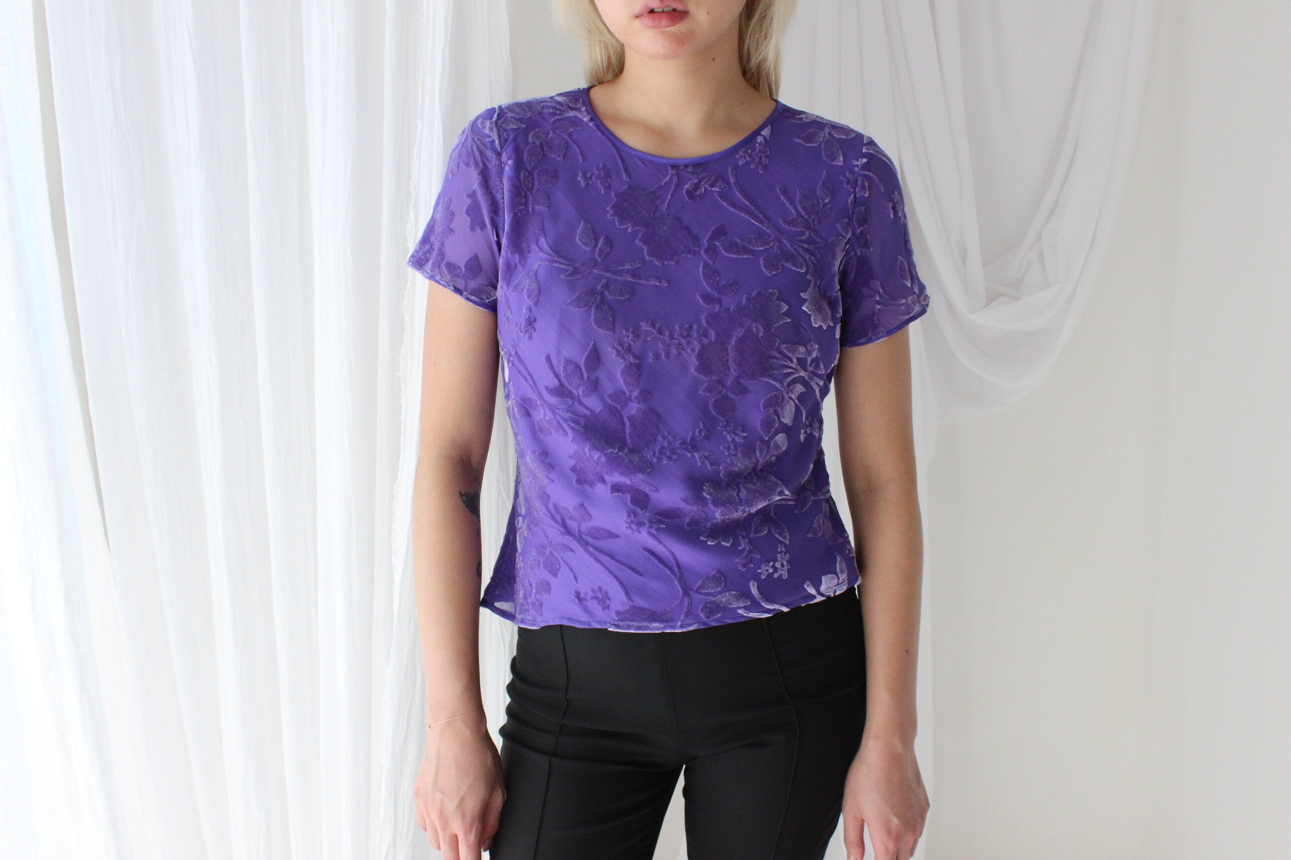 90s SILK VELVET Floral Burnout Bias Cut Tee