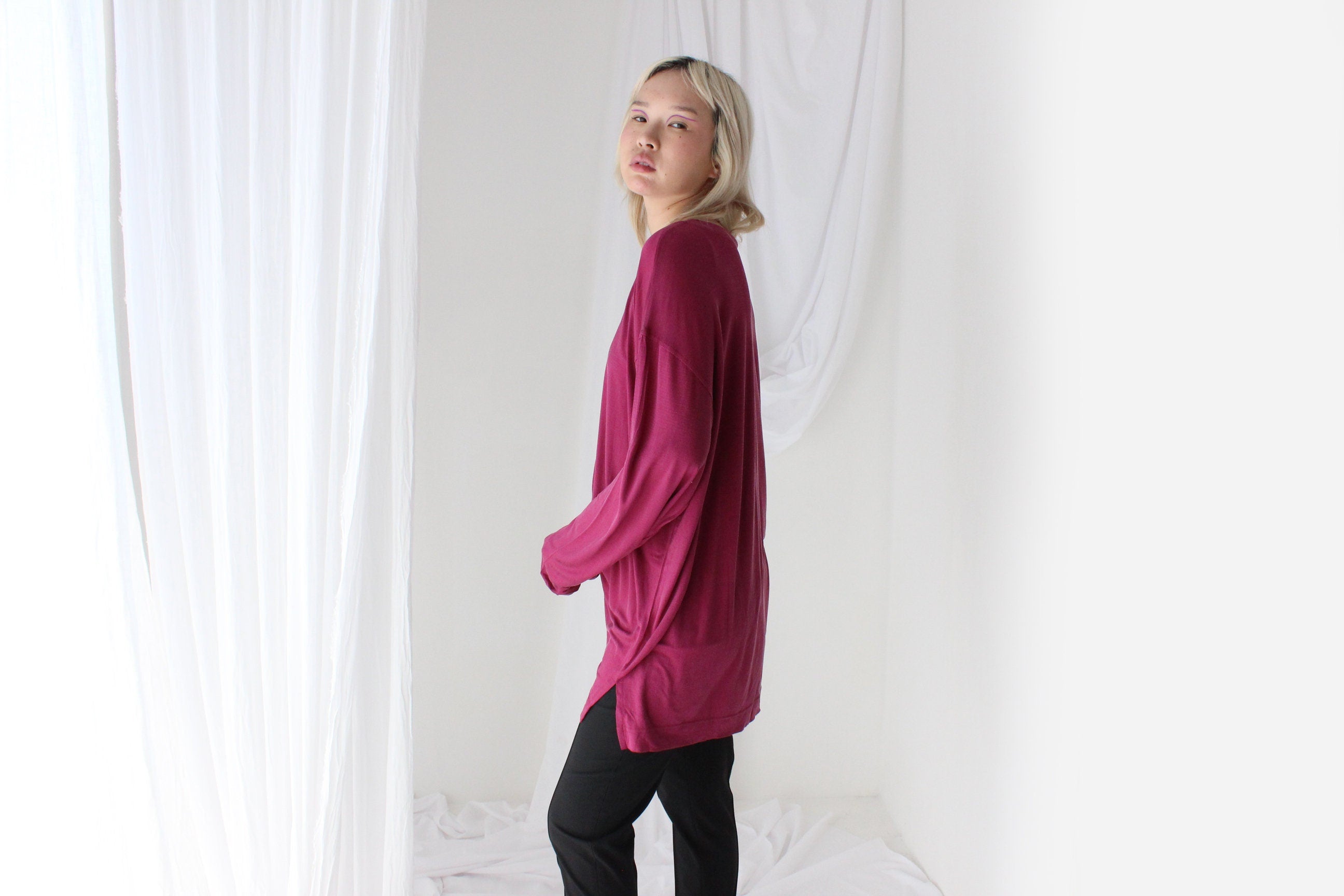 Luxury 90s Pure Silk Jersey Oversized Top or Dress in Magenta