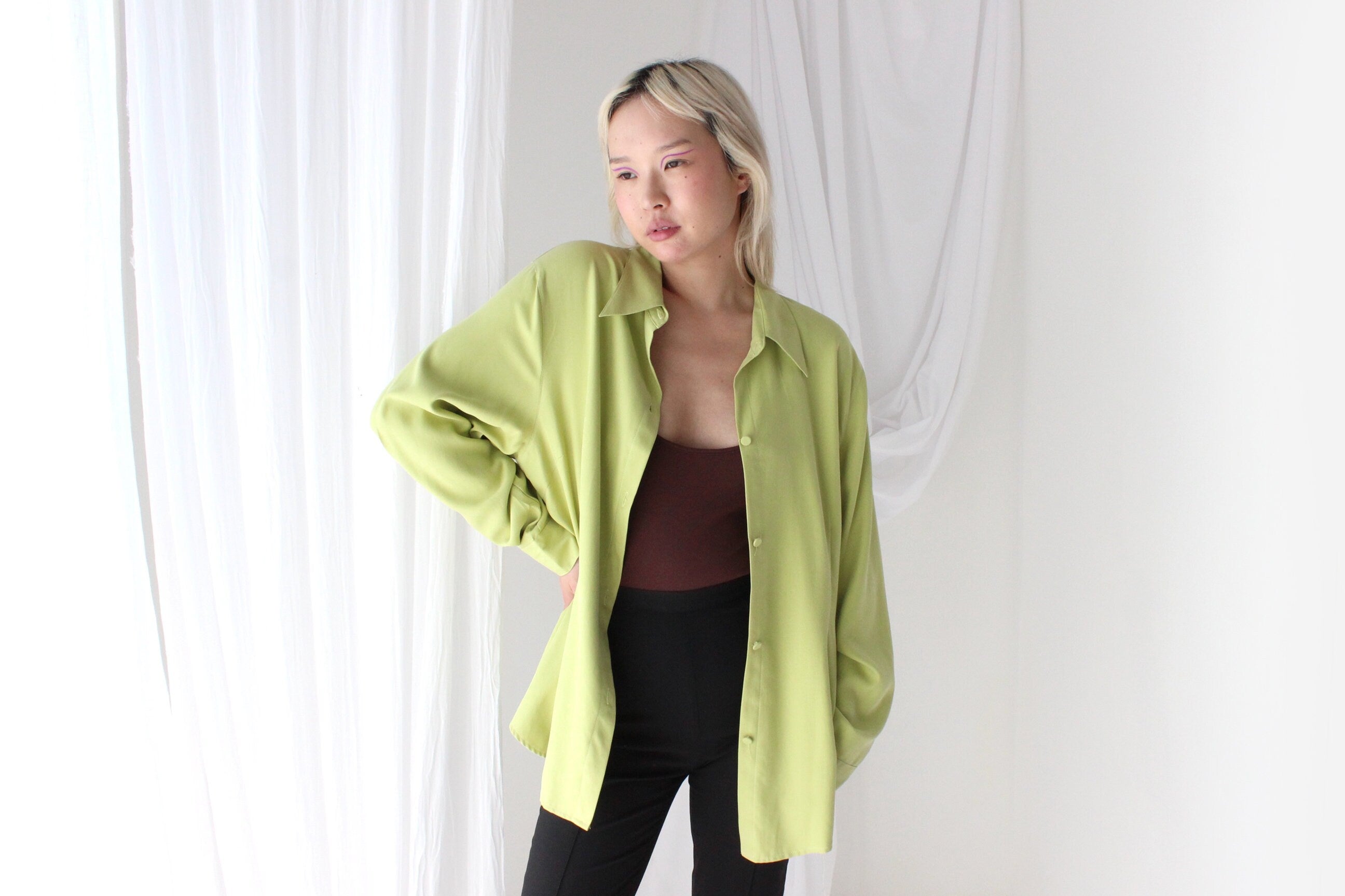 90s Pure Silk Chartreuse Oversized Button Up Shirt