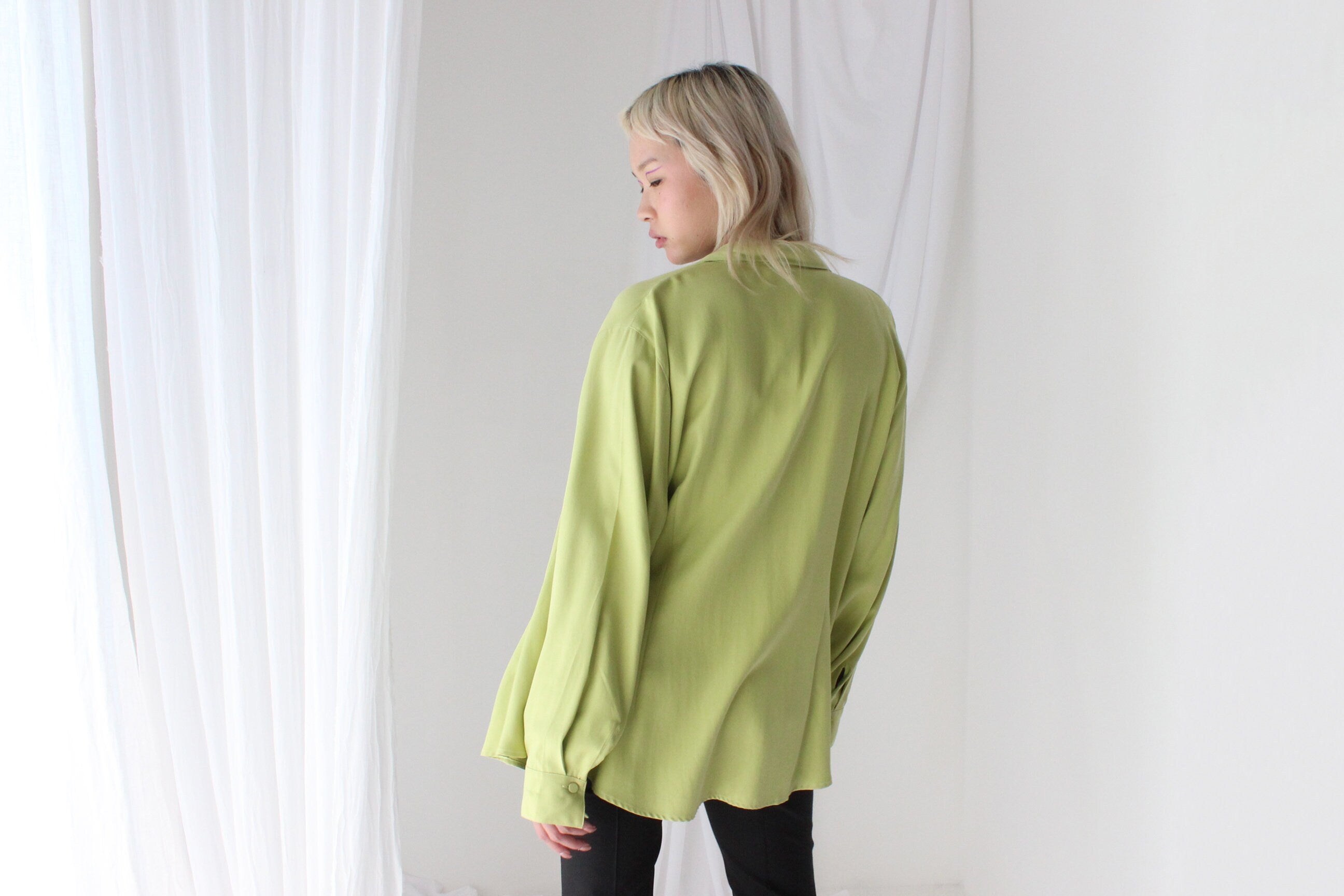 90s Pure Silk Chartreuse Oversized Button Up Shirt