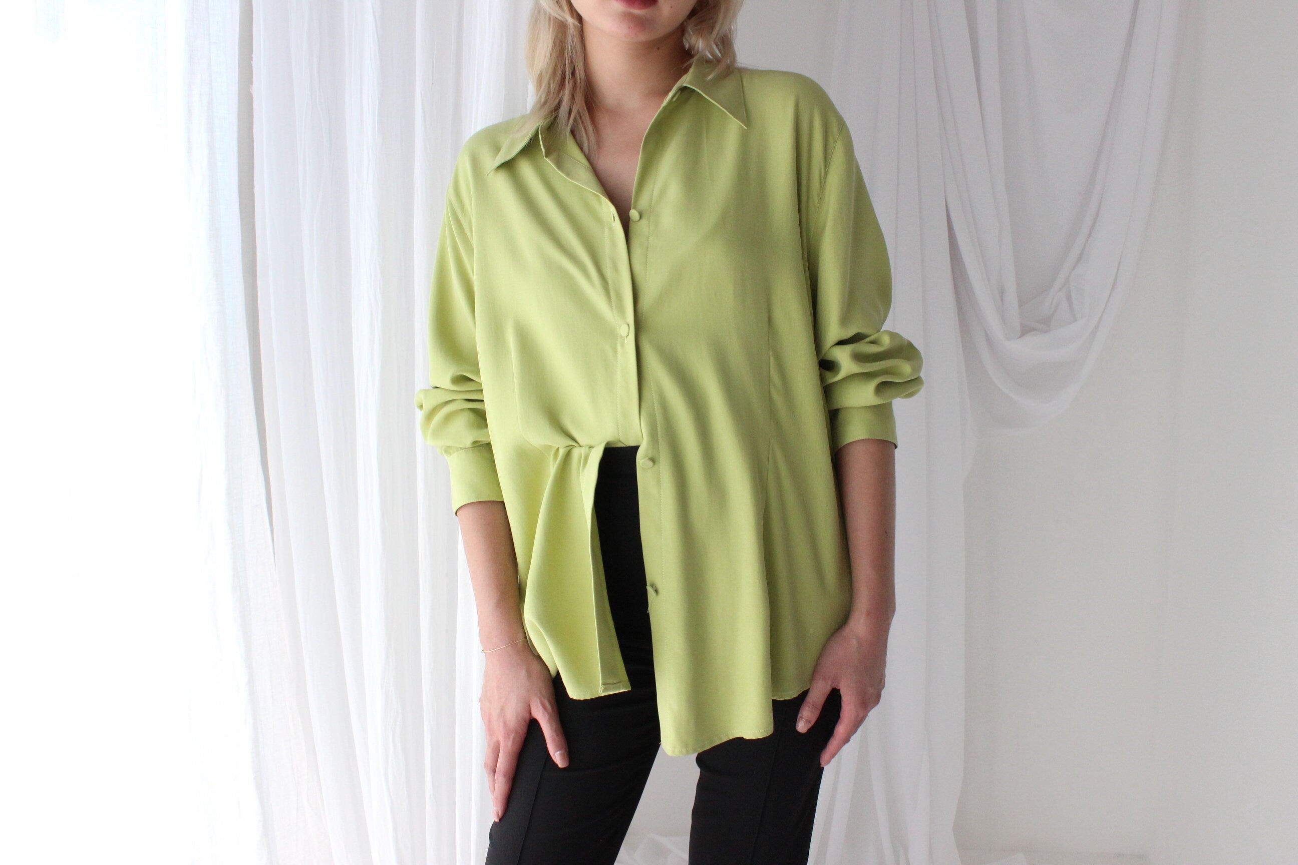 90s Pure Silk Chartreuse Oversized Button Up Shirt