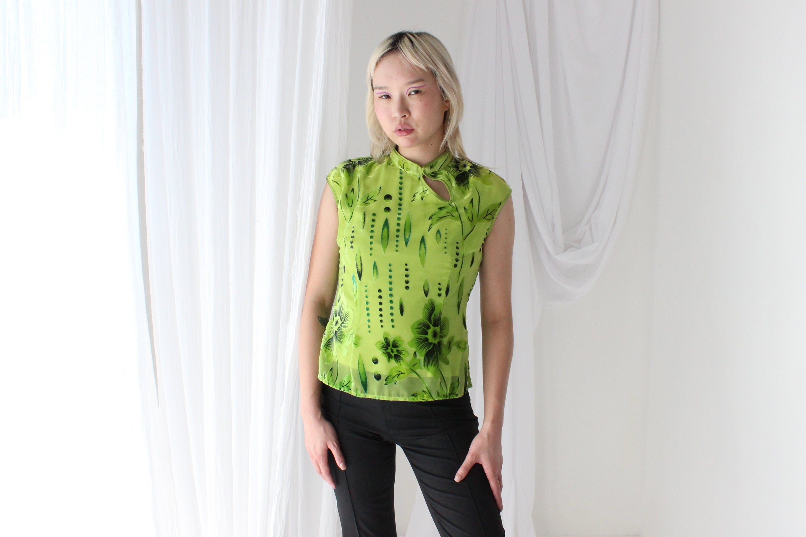 Y2K Mesh & Velvet Floral Cheongsam Collar Fitted Crop Top