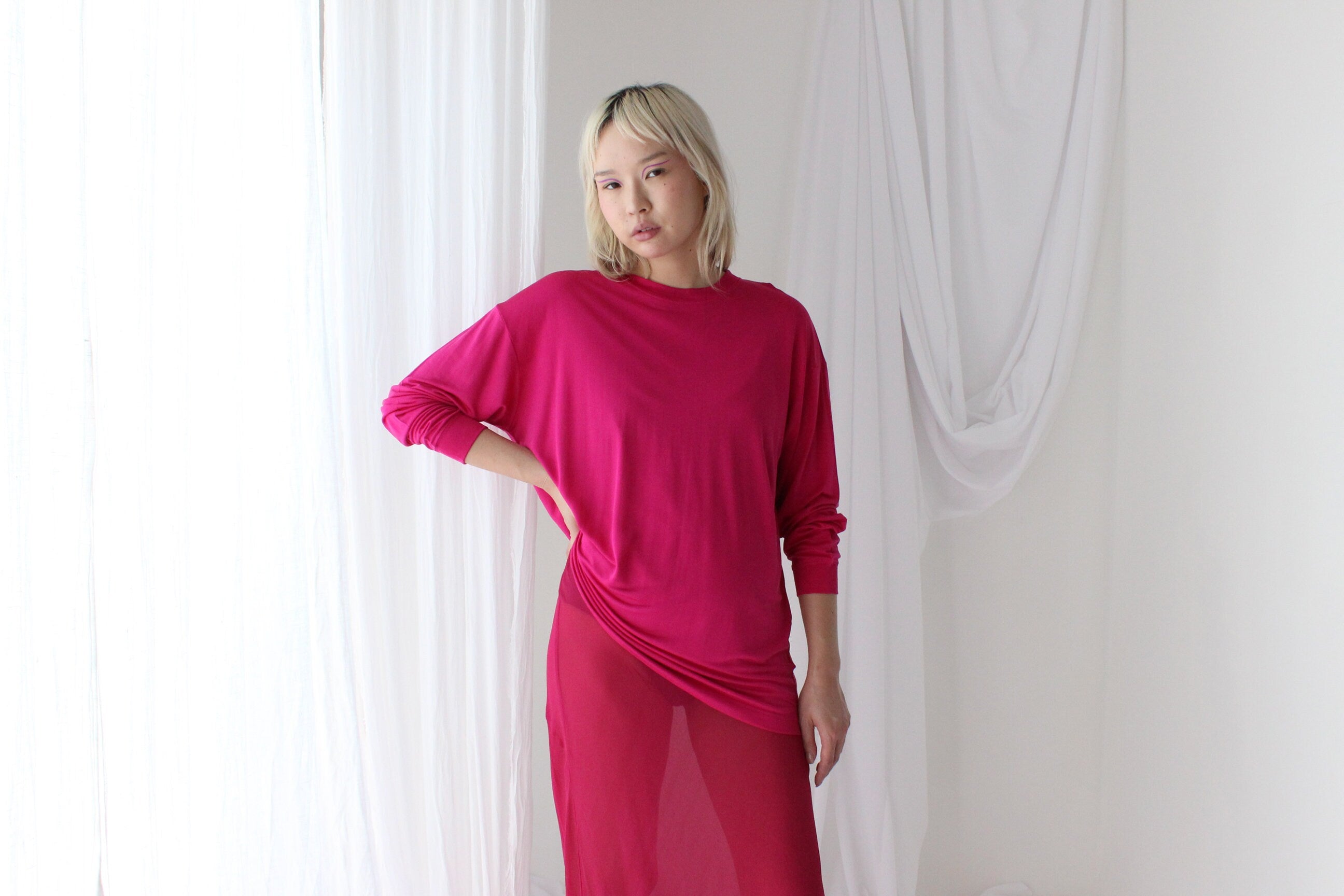 Luxury 80s PURE SILK JERSEY Minimal Slouch Top in Magenta