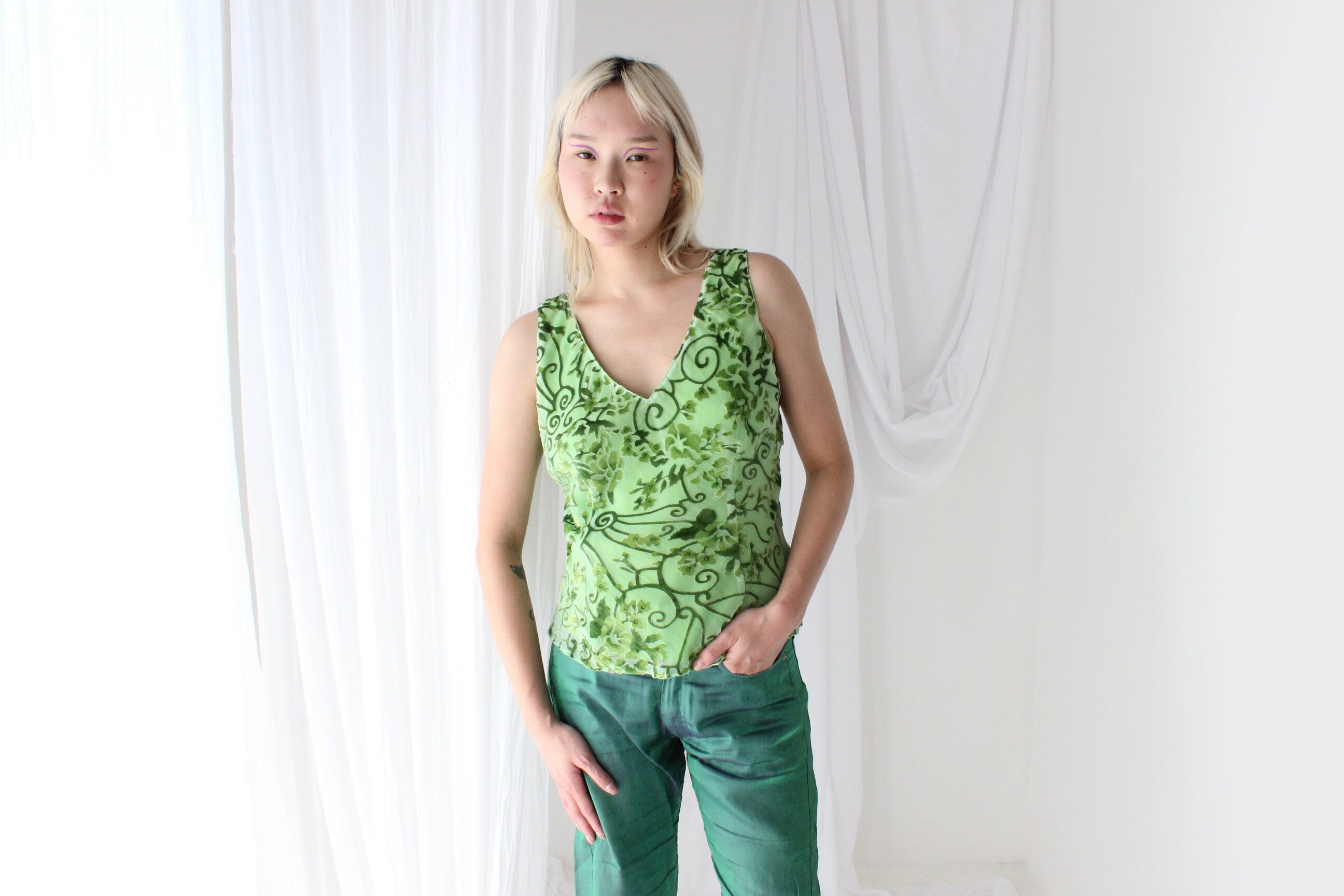 Y2K Lime Velvet Burnout V Neck Bias Cut Tank