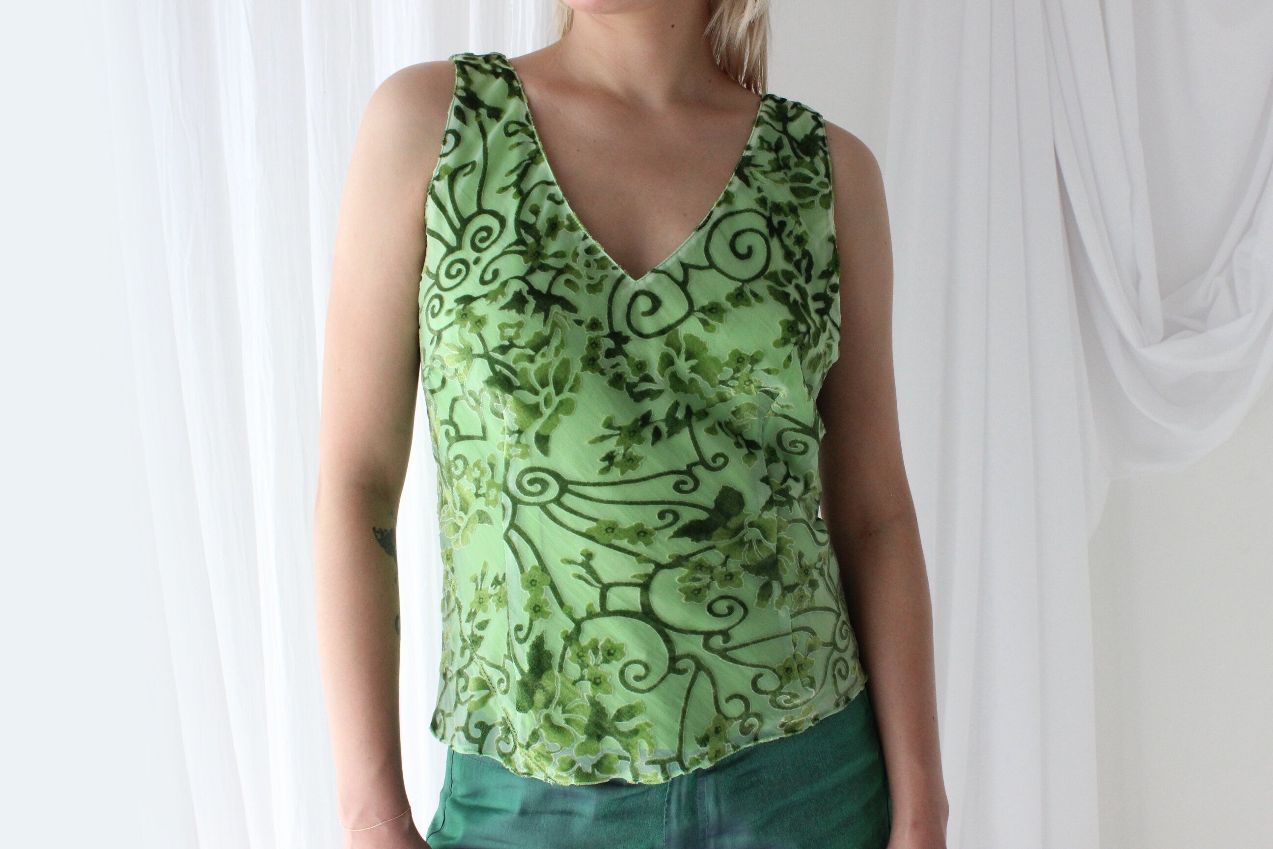 Y2K Lime Velvet Burnout V Neck Bias Cut Tank