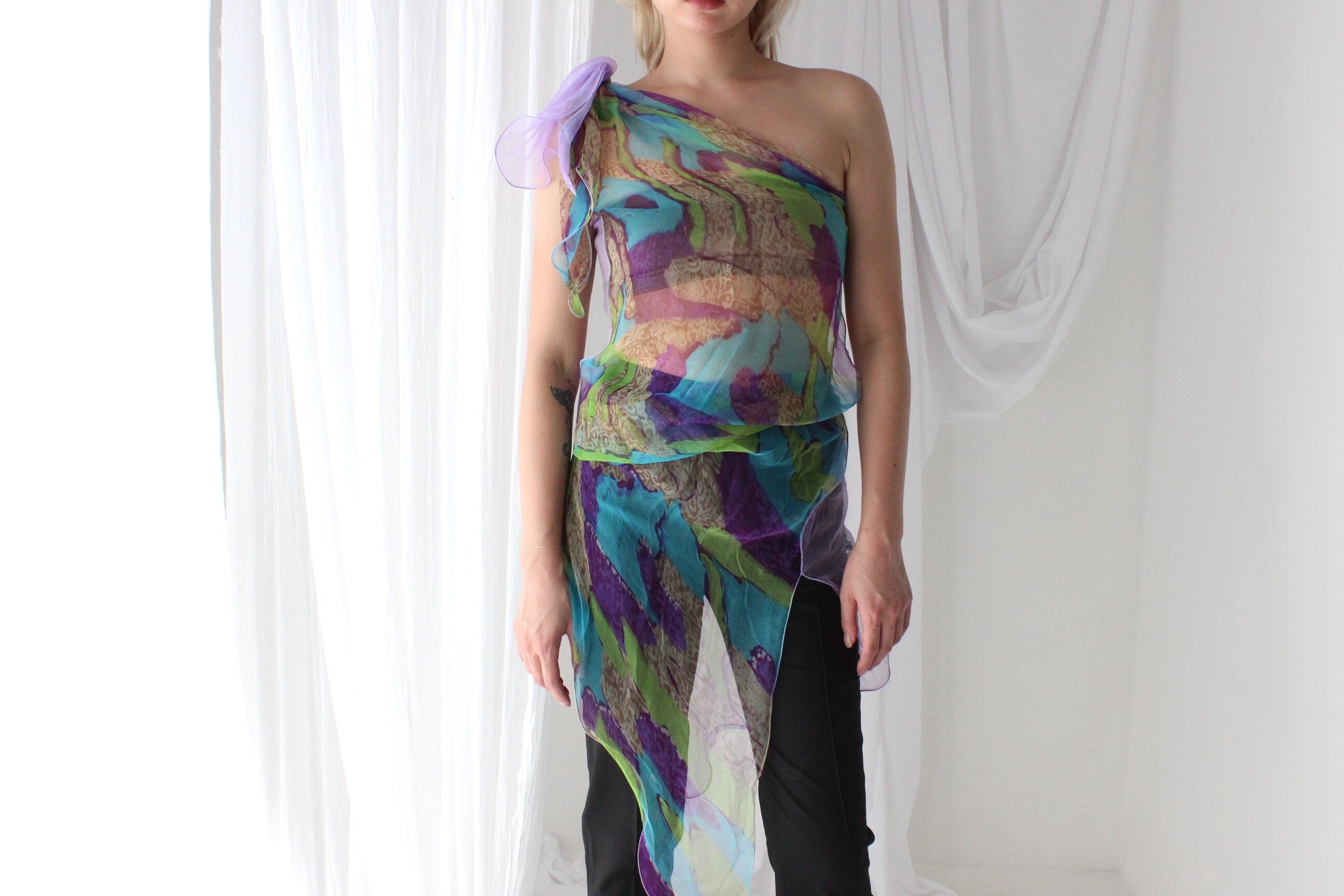 Y2K Pure Silk Chiffon Experimental Sheer Scarf Top