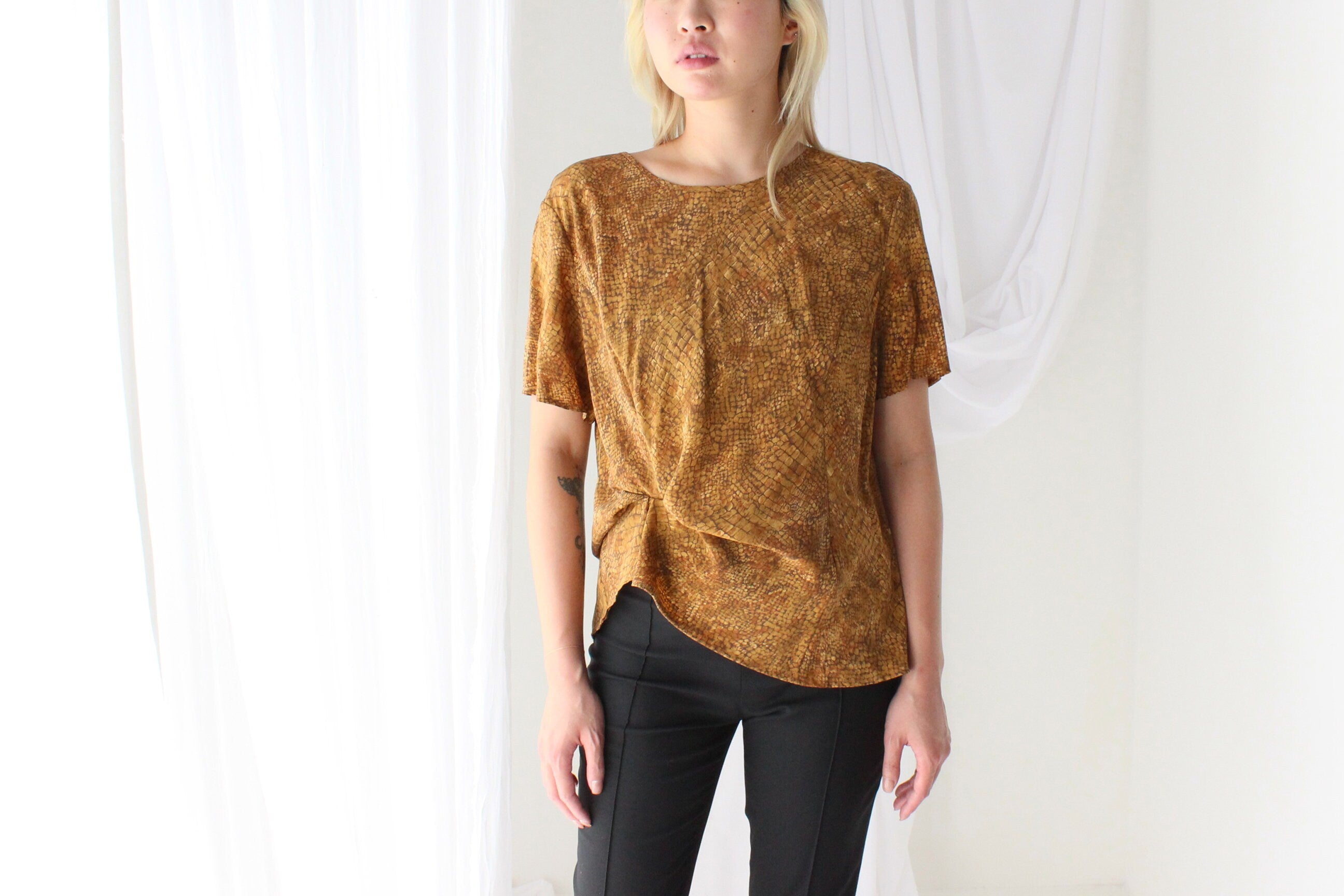 80s Pure Silk Snakeskin Print Tee Shirt