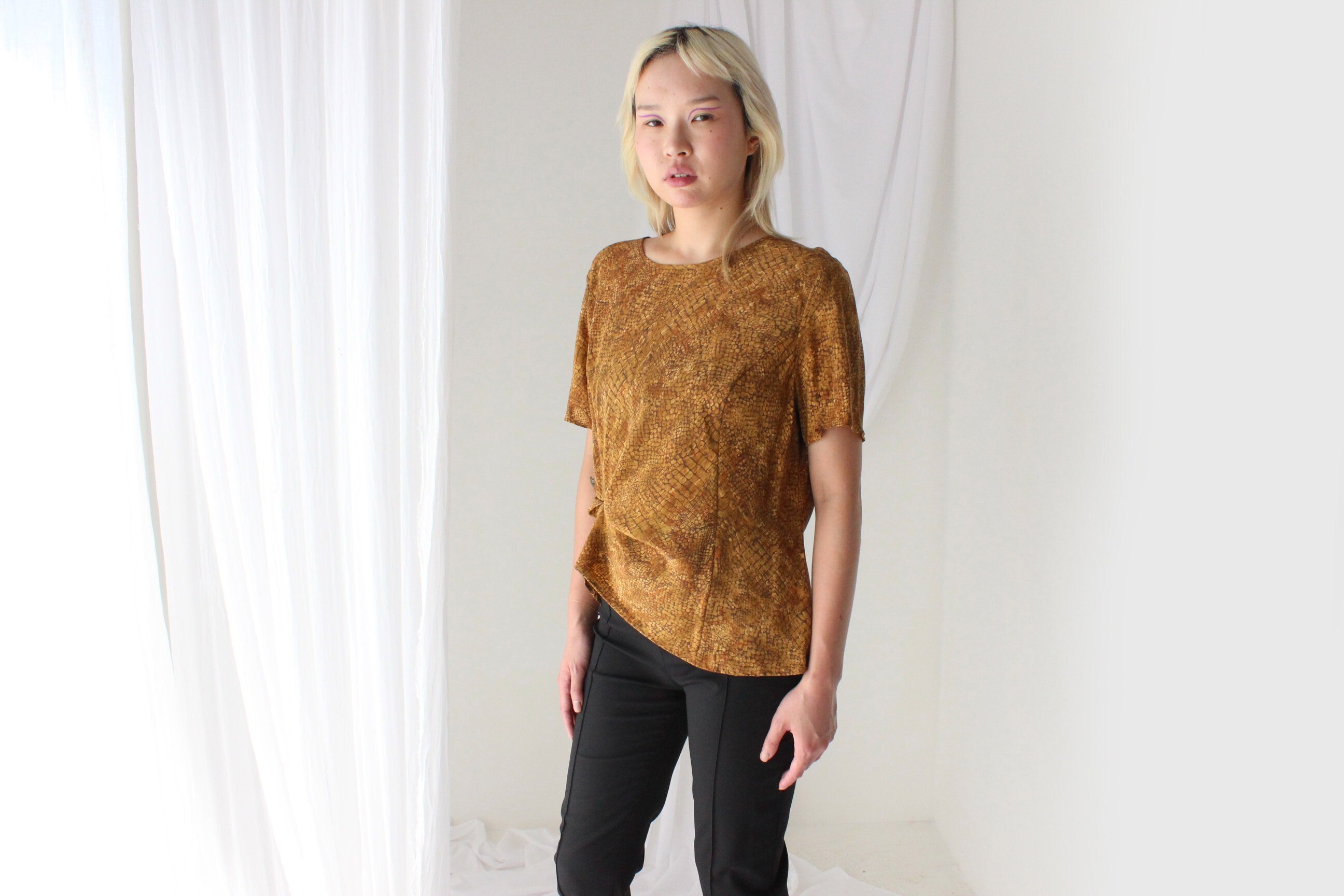 80s Pure Silk Snakeskin Print Tee Shirt