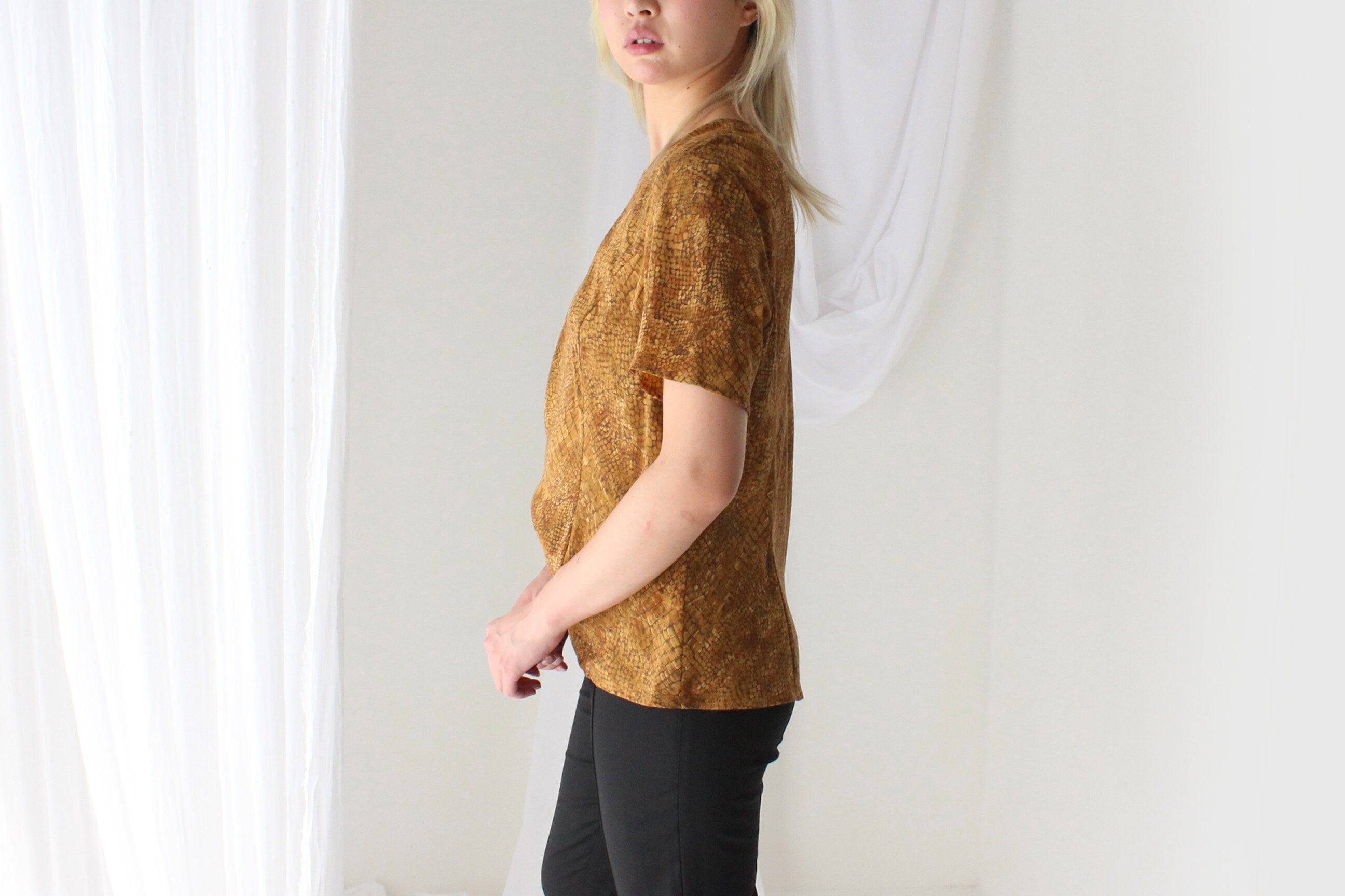 80s Pure Silk Snakeskin Print Tee Shirt