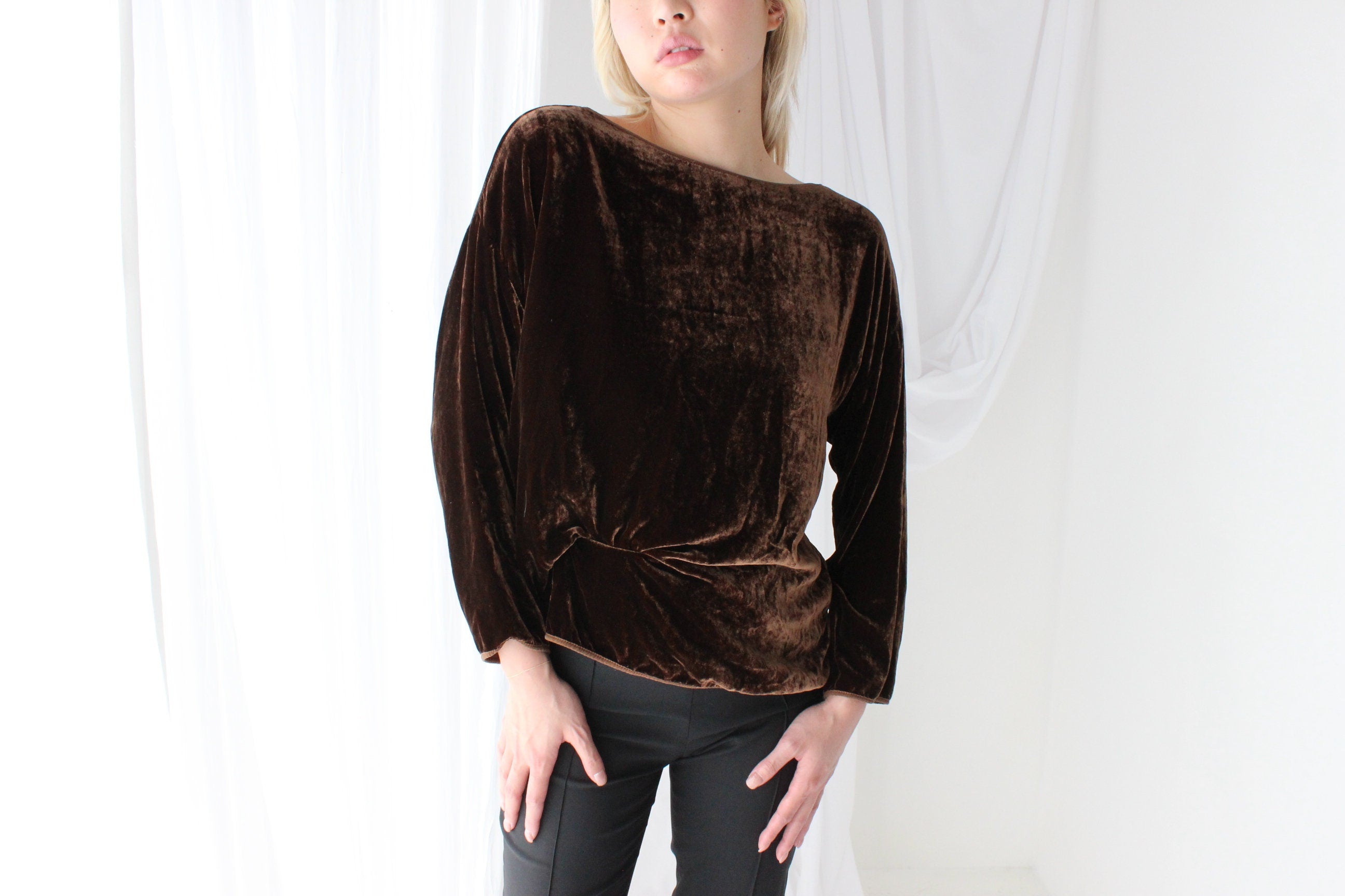 90s Chocolate Velvet Long Sleeve Slouch Top