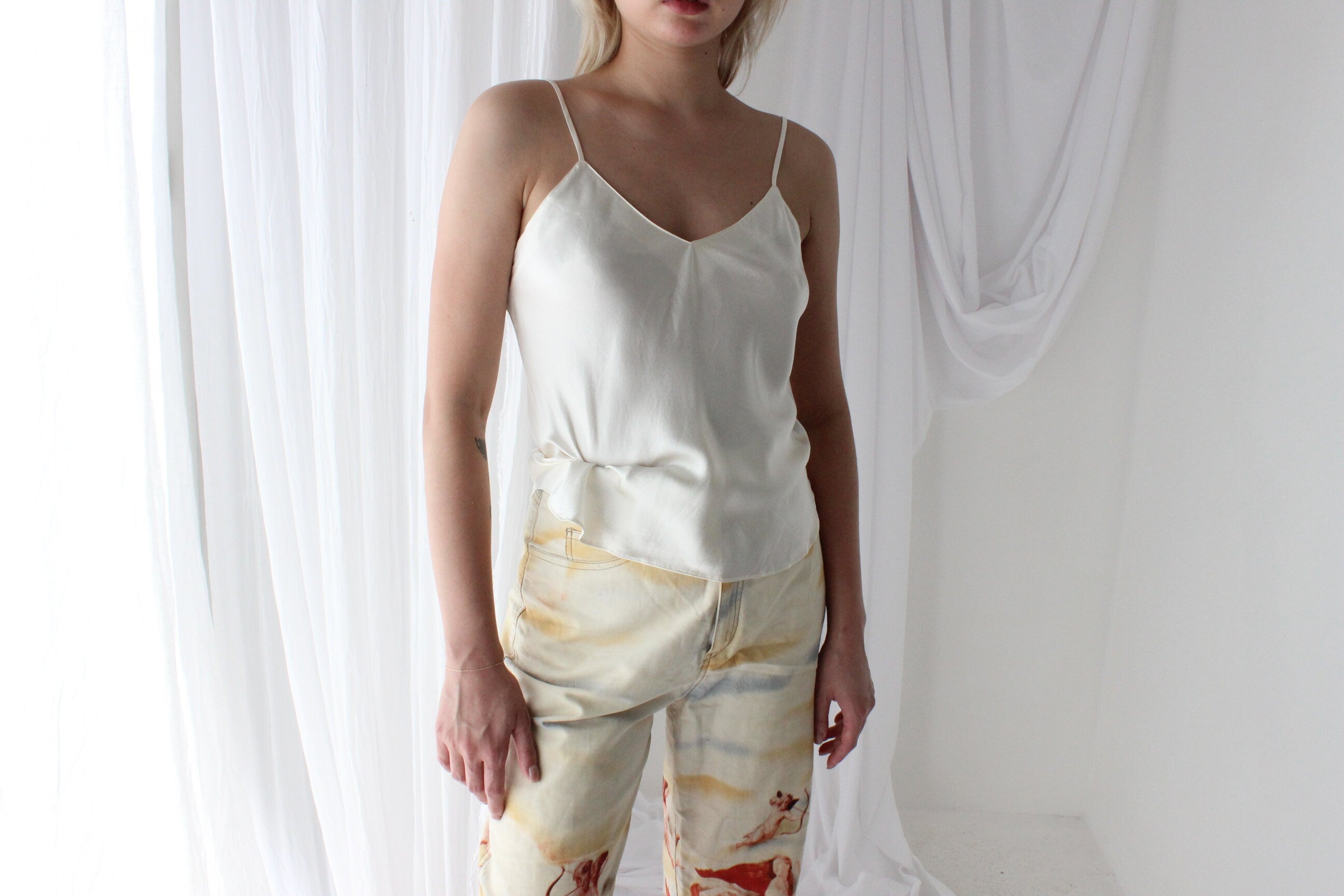 90s Pure Silk Cream Spaghetti Strap Cami