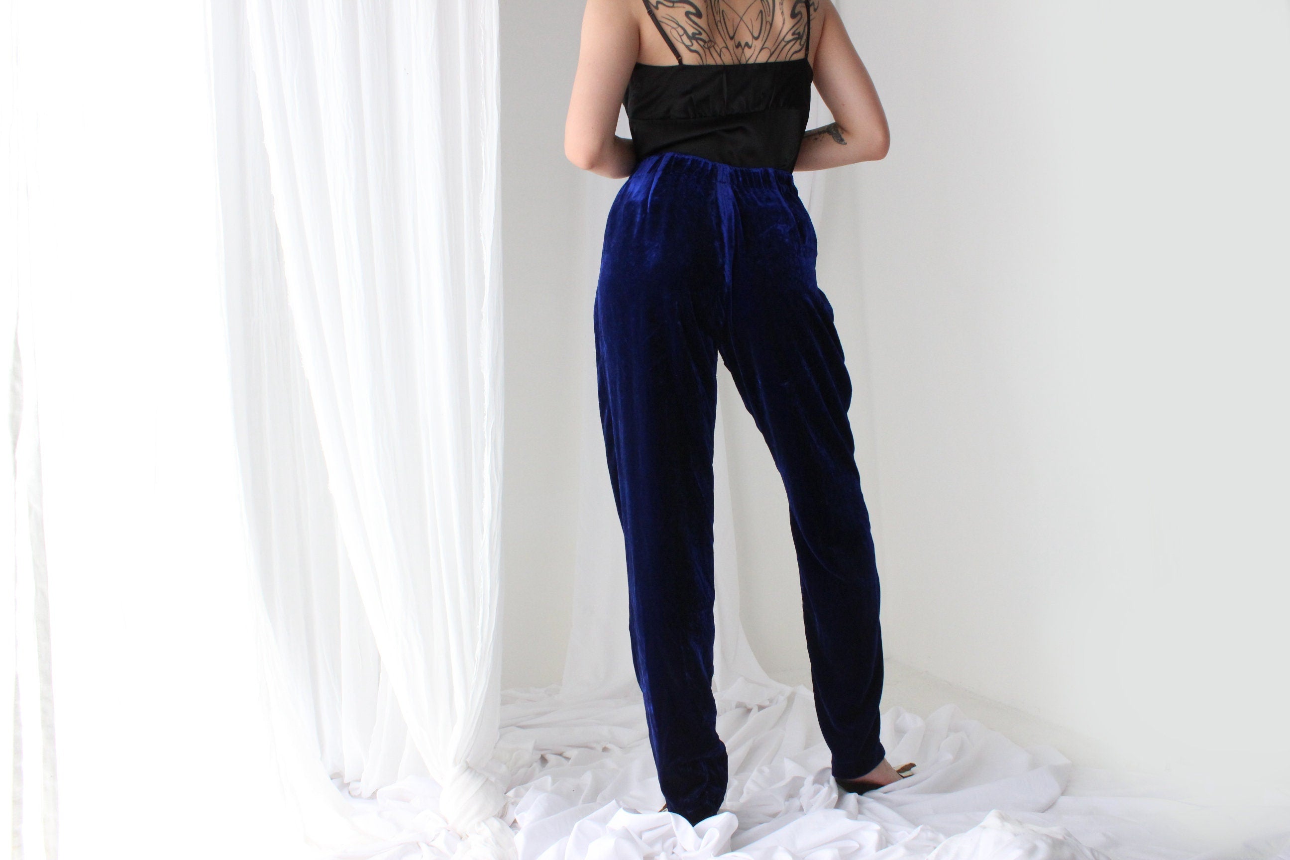 90s LUSH SILK VELVET High Waist Trousers in Blue