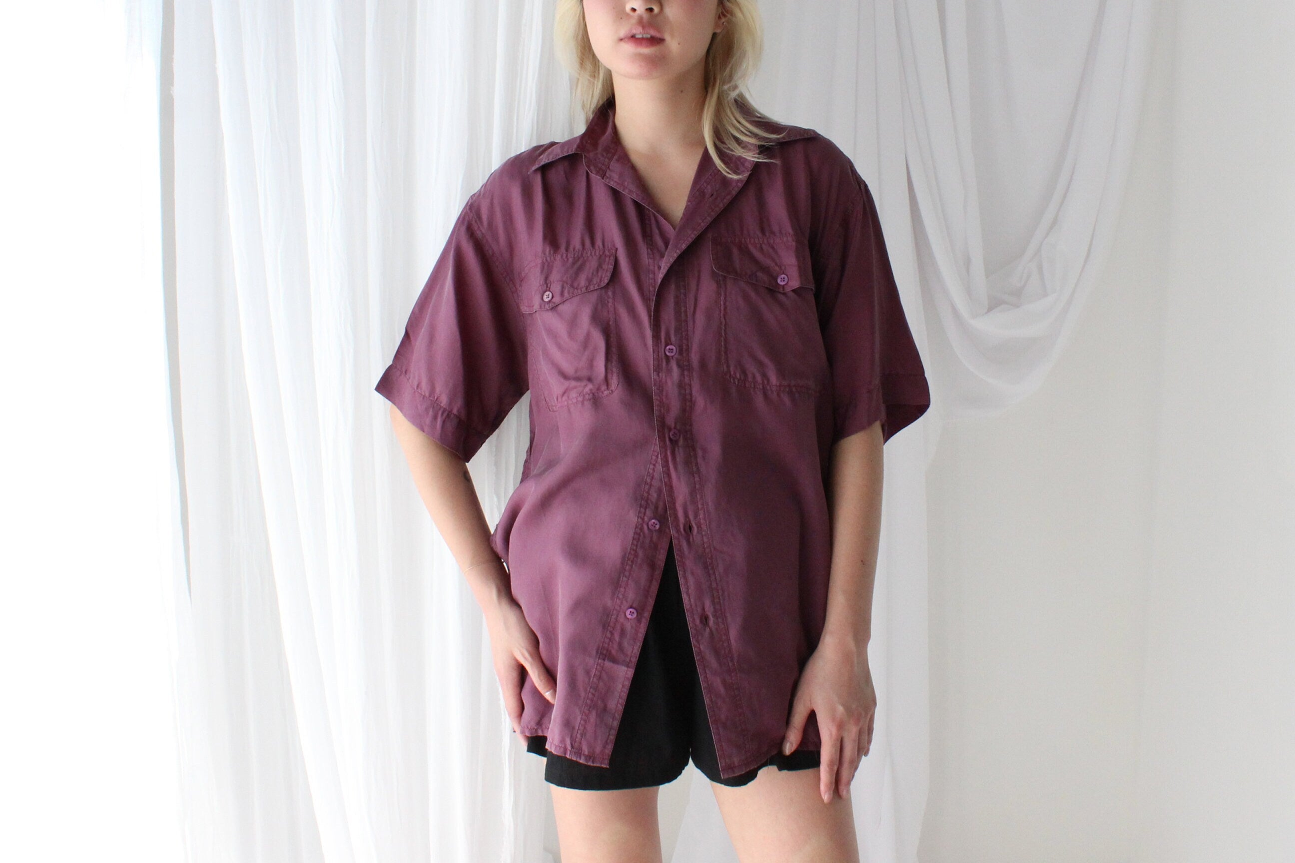 80s MATTE SILK Purple Boxy Double Pocket Shirt