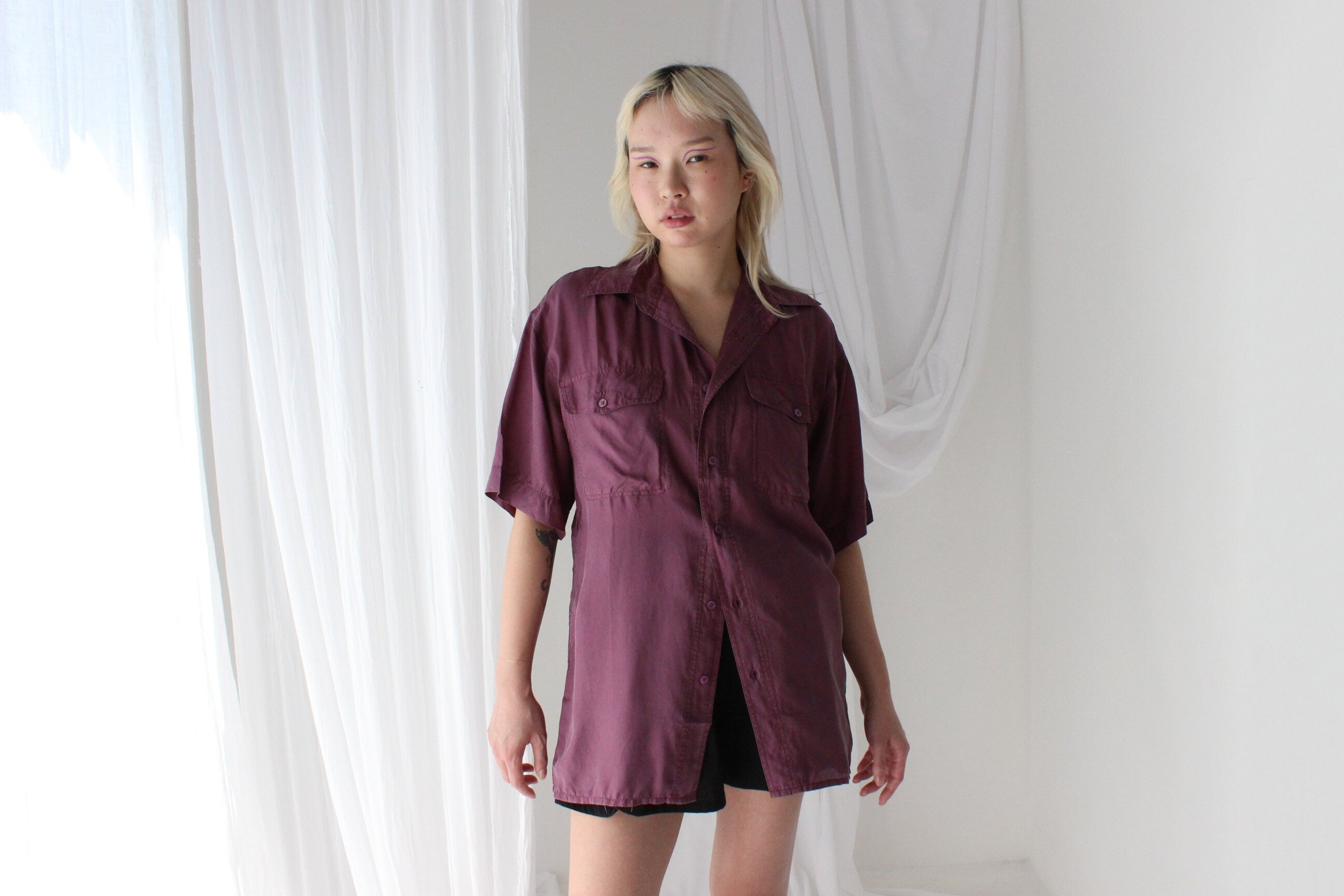 80s MATTE SILK Purple Boxy Double Pocket Shirt