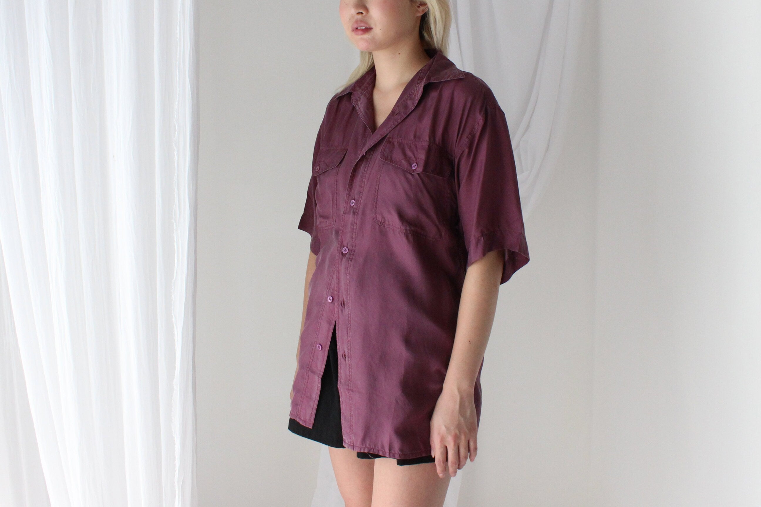 80s MATTE SILK Purple Boxy Double Pocket Shirt