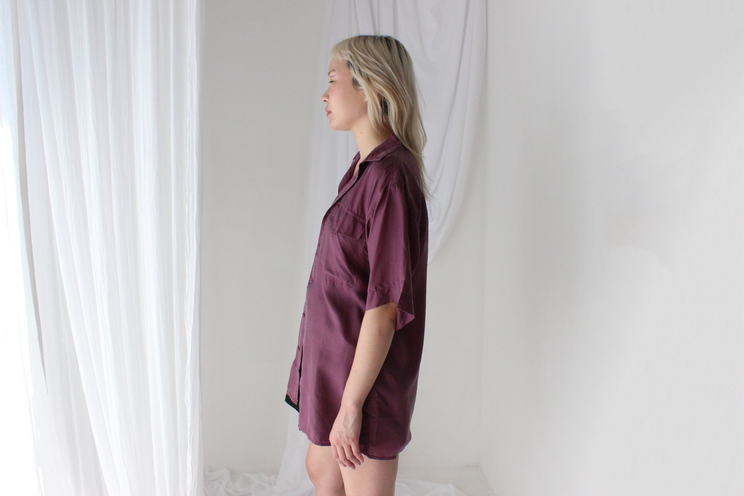 80s MATTE SILK Purple Boxy Double Pocket Shirt