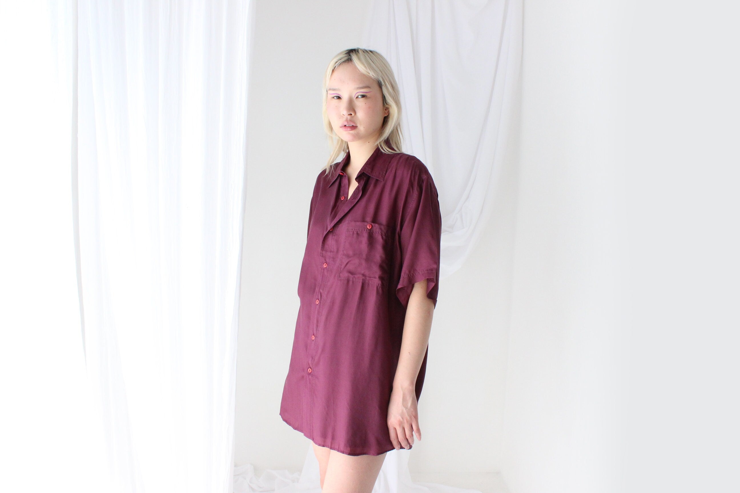 80s PURE SILK Aubergine Boxy Shirt