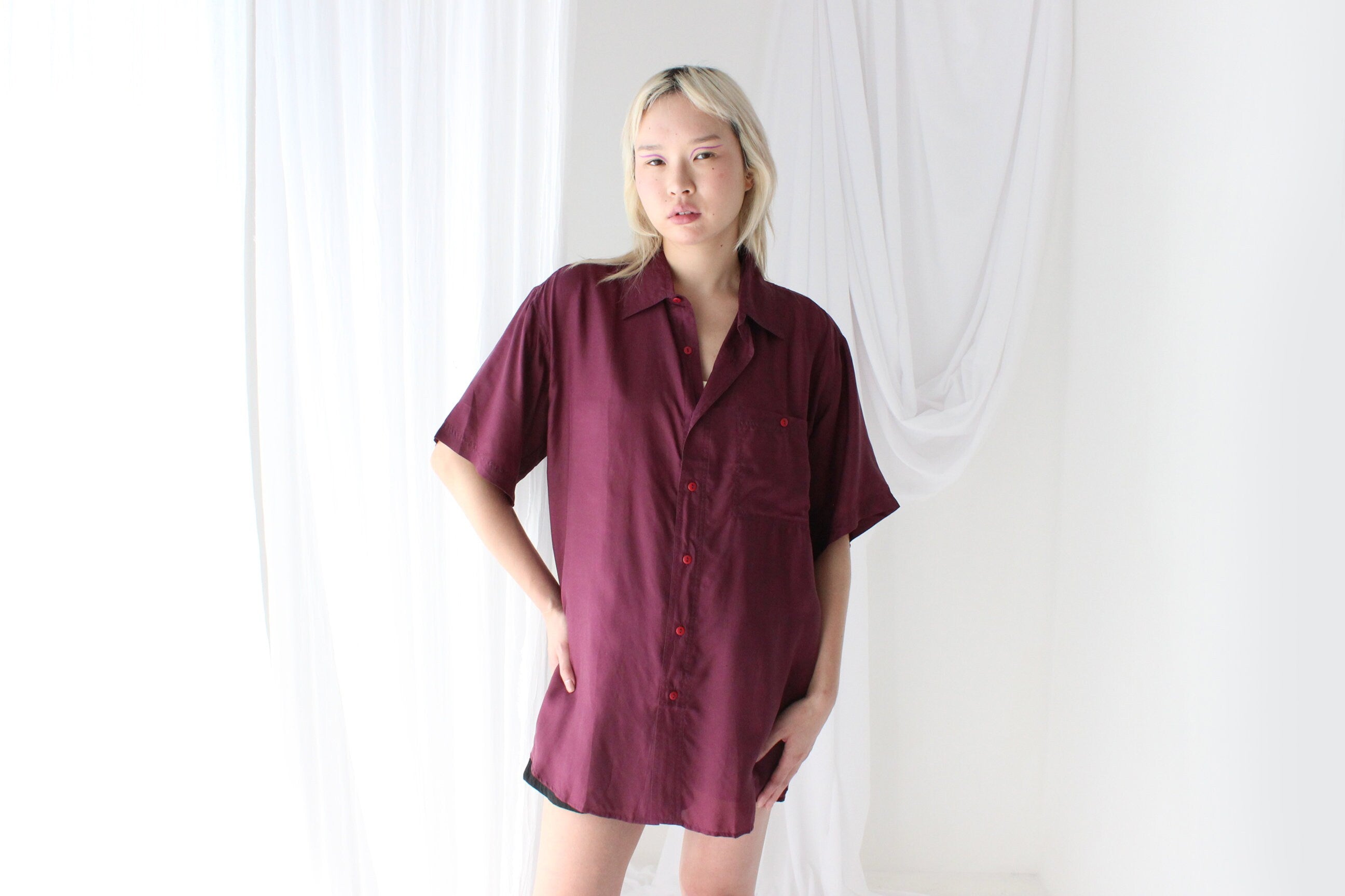 80s PURE SILK Aubergine Boxy Shirt